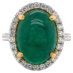 GIA Certified 9.17 Carat Cabochon Emerald and Diamonds Ring