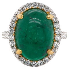 GIA Certified 9.17 Carat Cabochon Emerald and Diamonds Ring