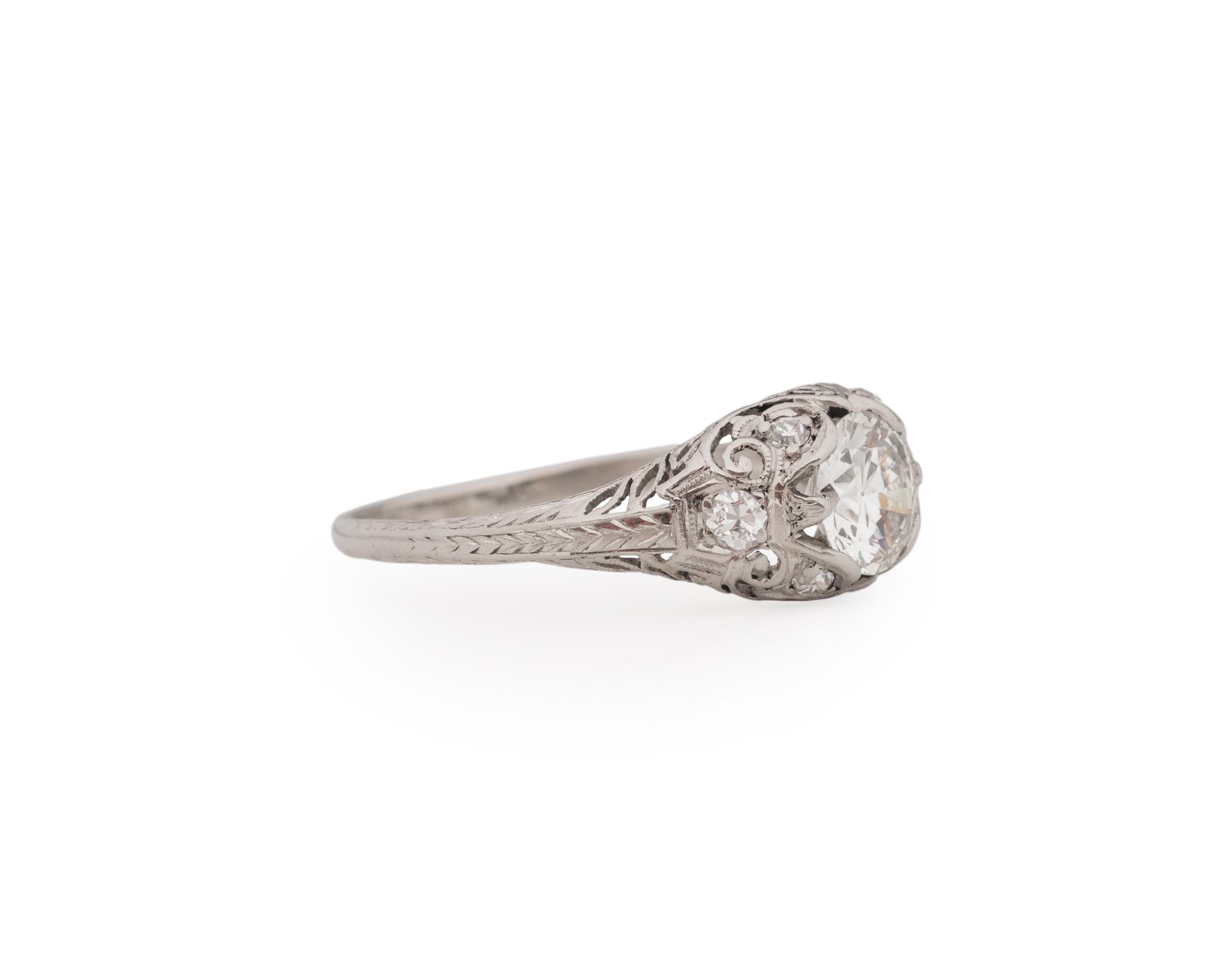 Ring Size: 8.25
Metal Type: Platinum [Hallmarked, and Tested]
Weight: .92 grams

Center Diamond Details:
GIA REPORT #: 5222547616
Weight: .92ct
Cut: Old European brilliant
Color: I
Clarity: VVS2
Measurements: 6.49mm x 6.40mm x 3.73mm

Finger to Top