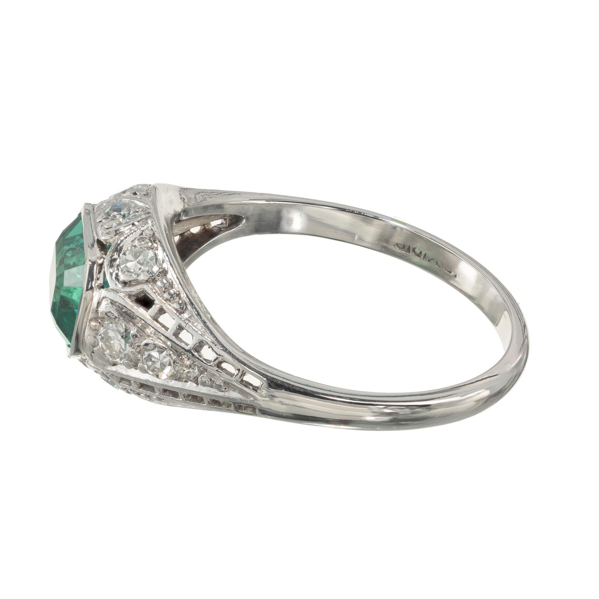 GIA Certified .92 Carat Emerald Diamond Platinum Art Deco Engagement Ring In Good Condition For Sale In Stamford, CT