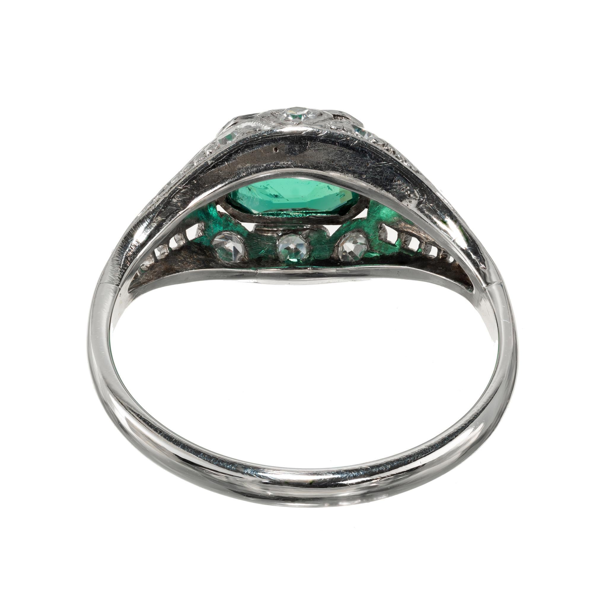 Women's GIA Certified .92 Carat Emerald Diamond Platinum Art Deco Engagement Ring For Sale