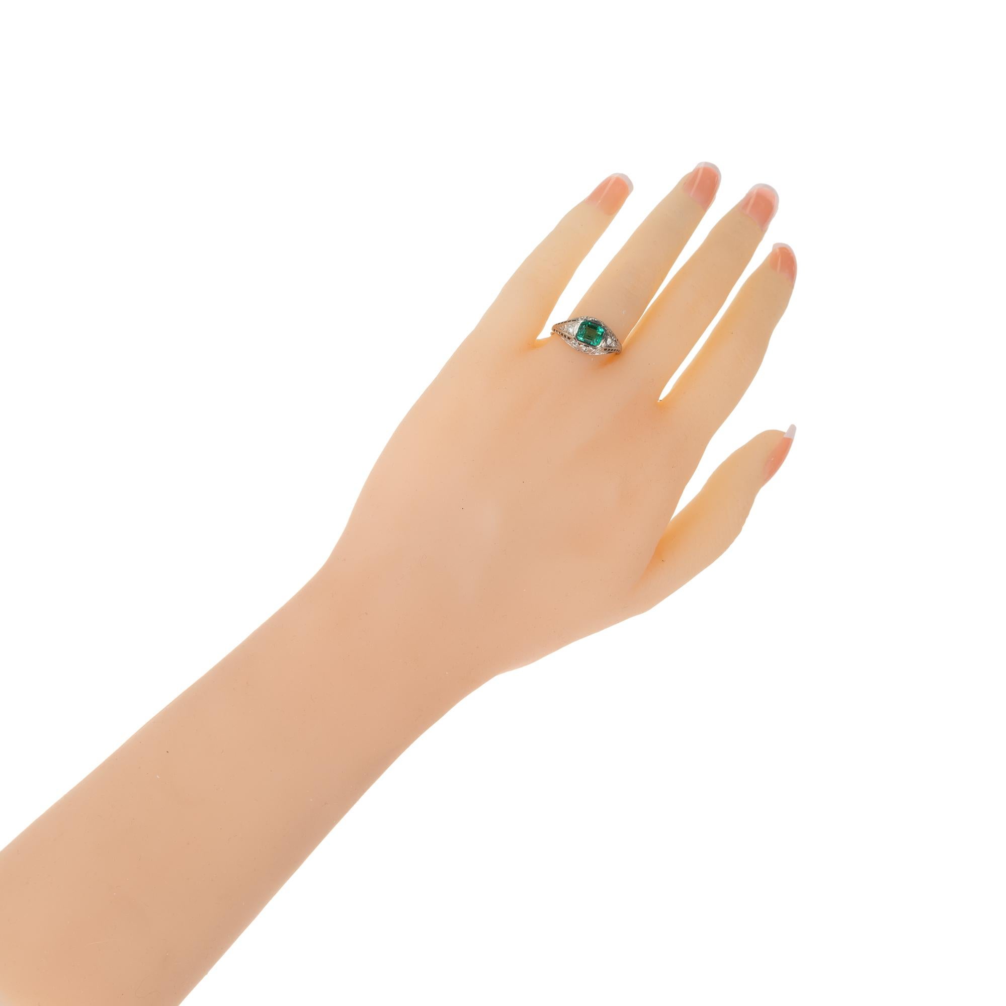 GIA Certified .92 Carat Emerald Diamond Platinum Art Deco Engagement Ring For Sale 2