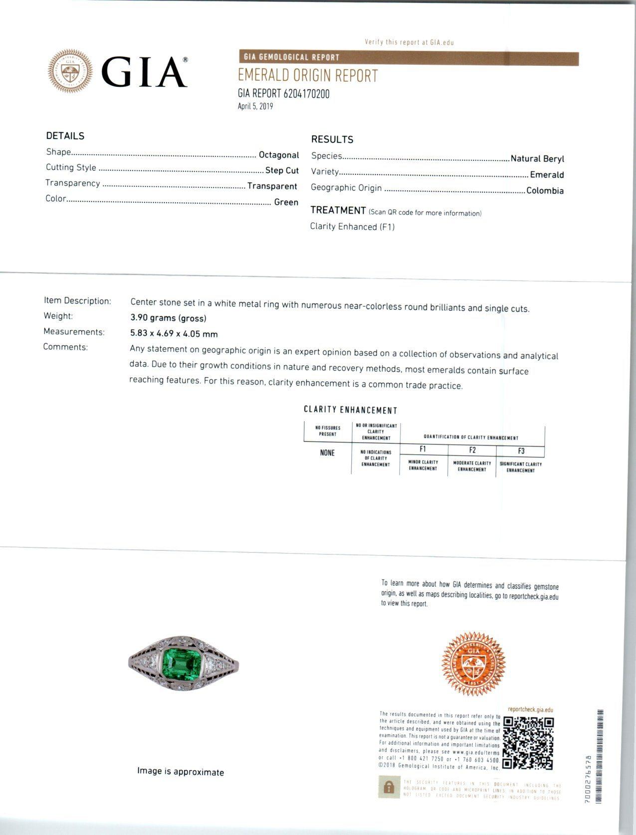 GIA-zertifizierter .92 Karat Smaragd-Diamant-Platin-Verlobungsring im Art-déco-Stil im Angebot 3