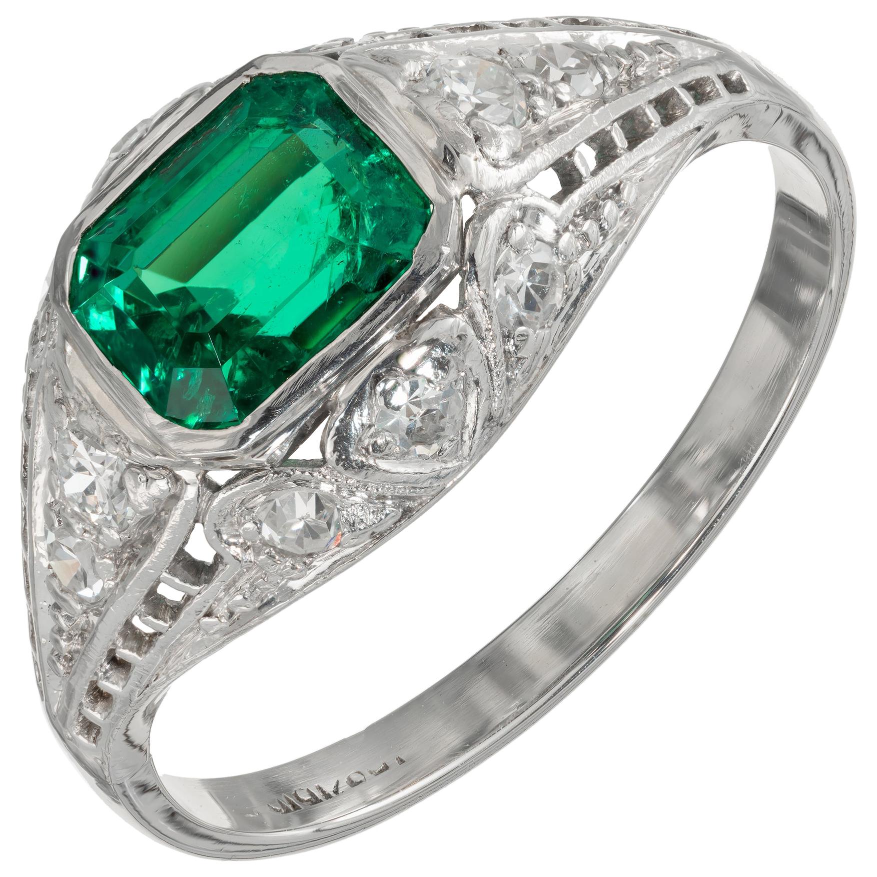 GIA Certified .92 Carat Emerald Diamond Platinum Art Deco Engagement Ring