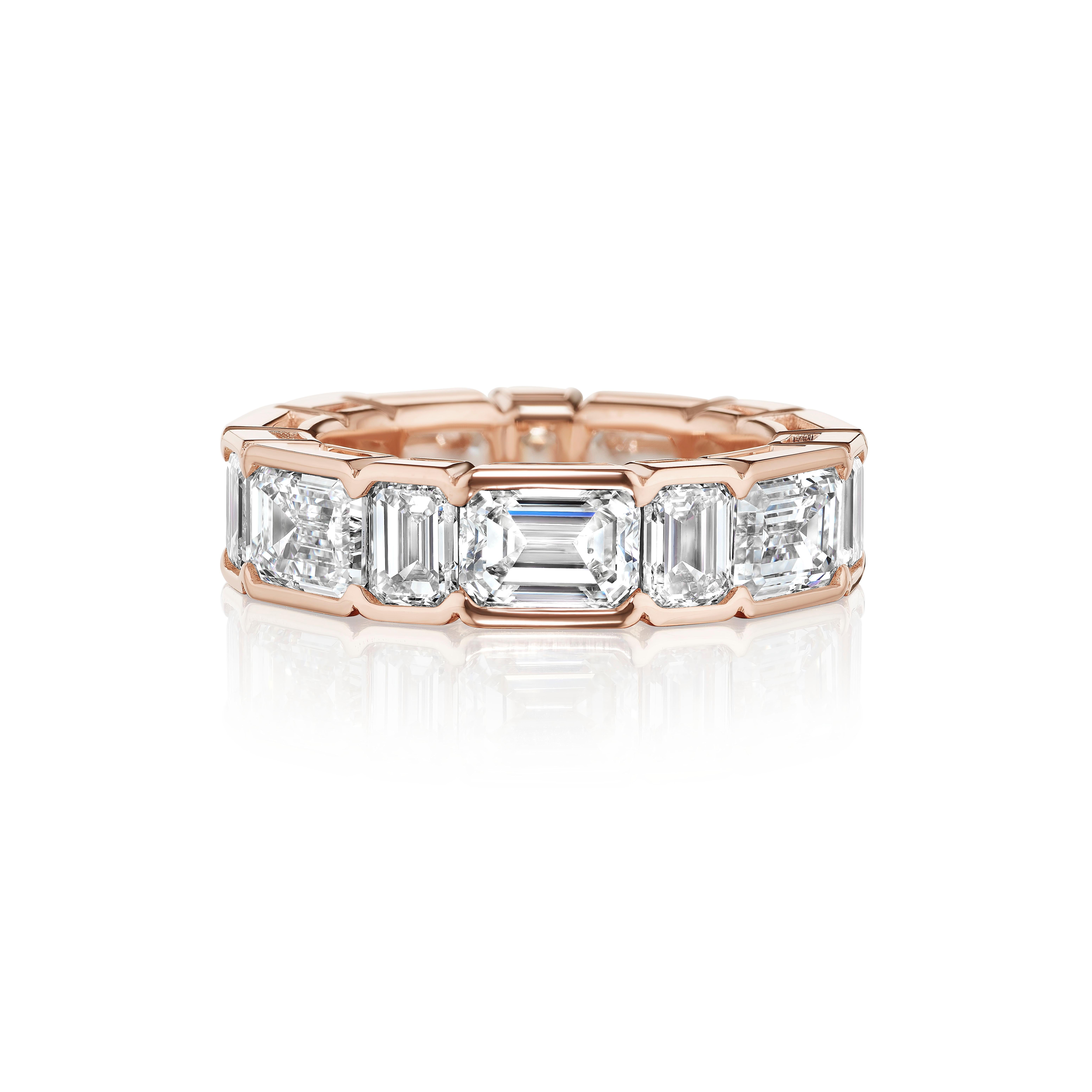 GIA Certified 9.20 Carat Emerald Cut Rose Gold Eternity Band Ring In New Condition For Sale In New York, NY