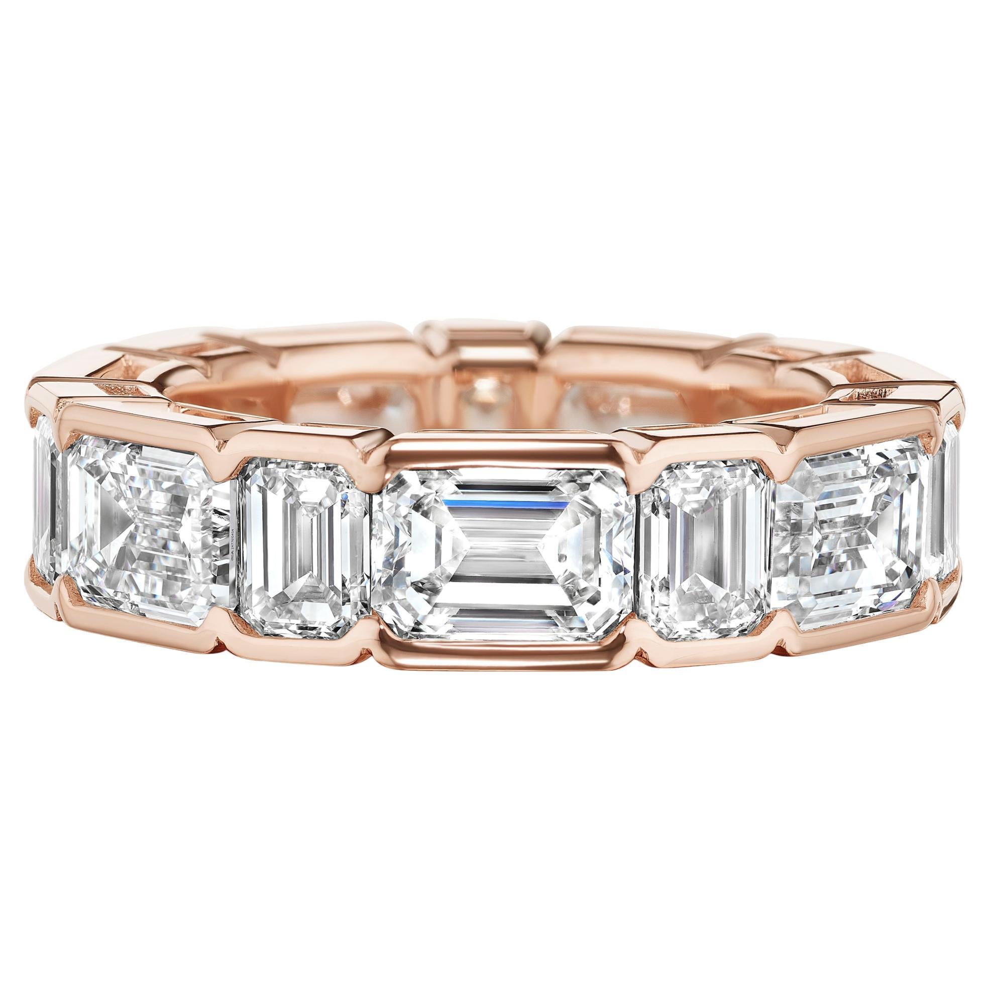 GIA Certified 9.20 Carat Emerald Cut Rose Gold Eternity Band Ring For Sale