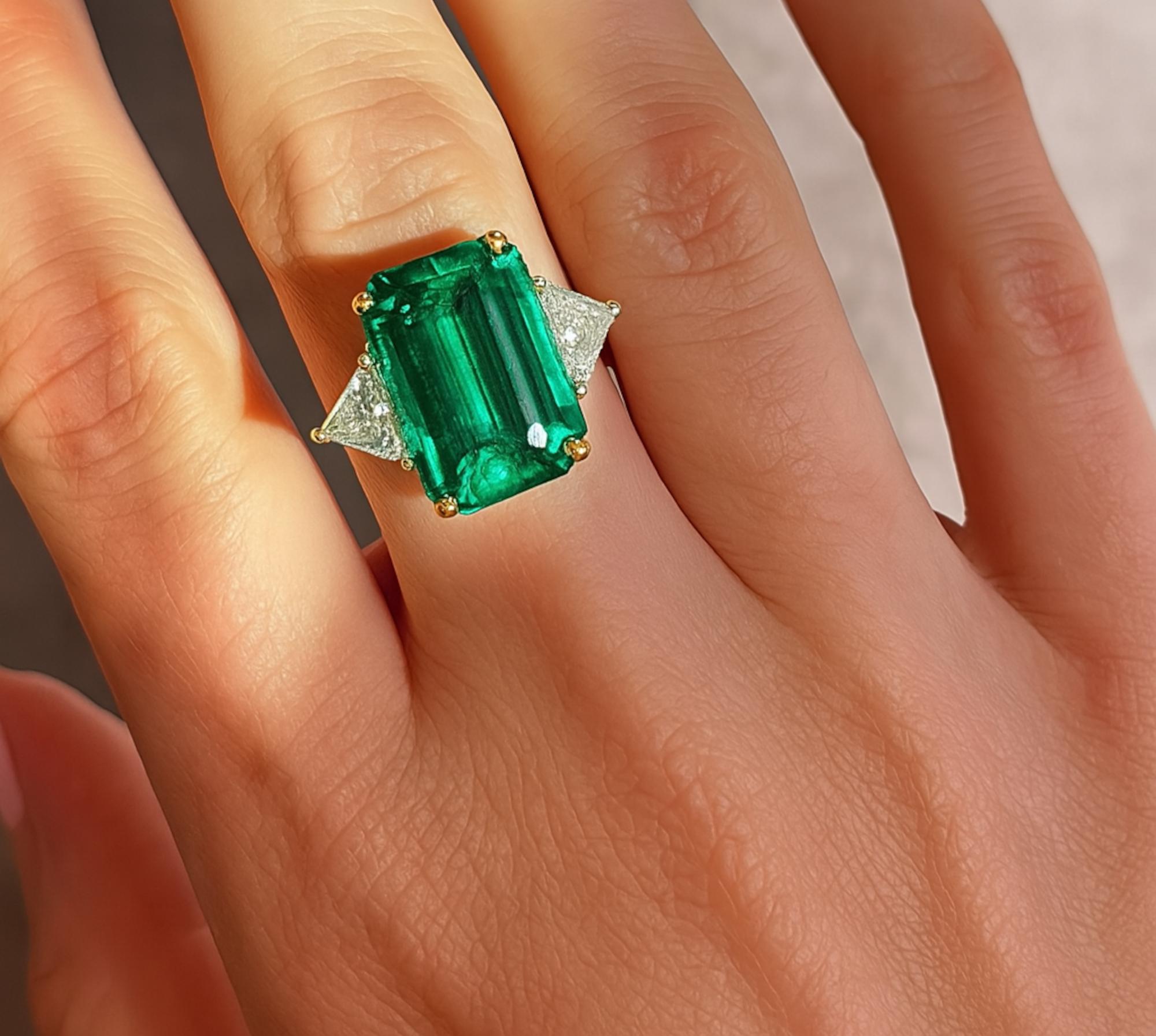 Cette bague exceptionnelle met en valeur une vibrante émeraude colombienne de 9,22 carats certifiée par le GIA. L'émeraude octogonale taillée en escalier présente une riche teinte verte. Le GIA identifie la pierre comme étant un béryl naturel