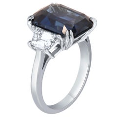 GIA Certified 9.29 Carat Rare Step Cut No Heat Blue Sapphire & Diamond PLT Ring