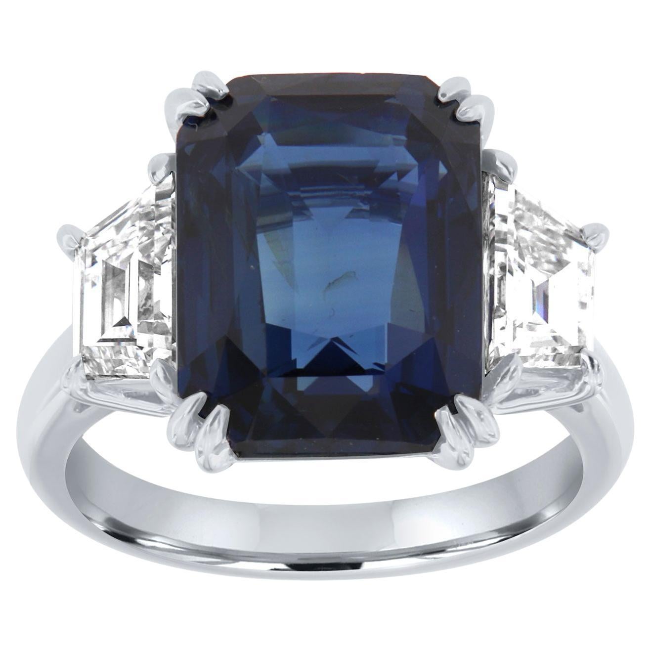GIA Certified 9.29 Carat Rare Step Cut No Heat Blue Sapphire & Diamond PLT Ring  For Sale