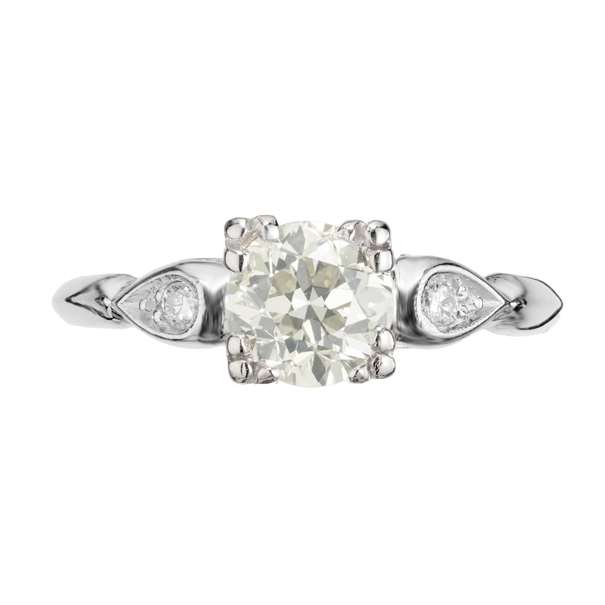 Old European Cut GIA Certified .93 Carat Yellow Diamond Three Stone Platinum Engagement Ring For Sale
