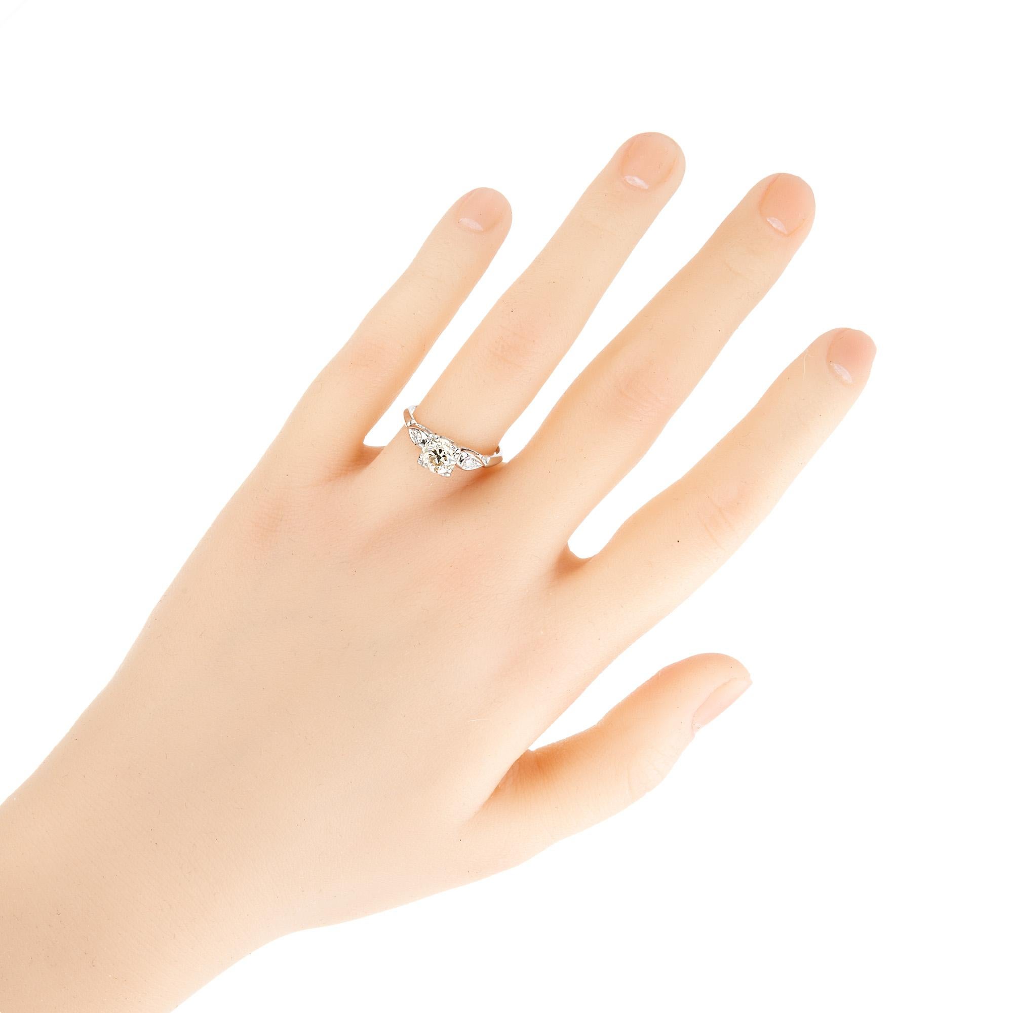 GIA Certified .93 Carat Yellow Diamond Three Stone Platinum Engagement Ring For Sale 4