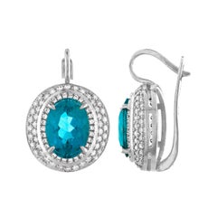 Used GIA Certified 9.31 Carat Greenish Blue Apatite Diamond Gold Earrings