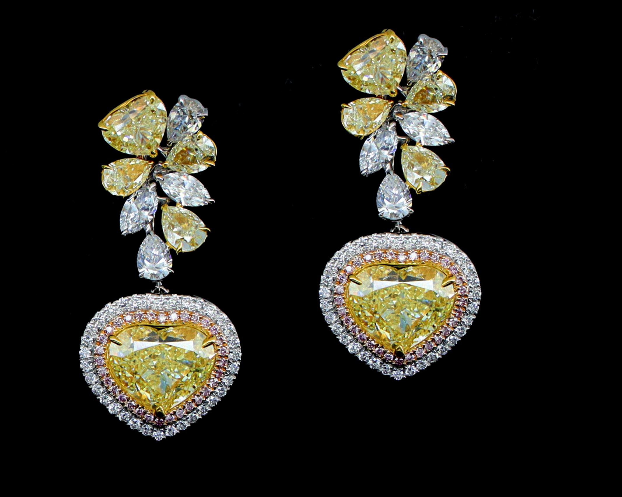 Boucles d'oreilles certifiées GIA en diamant blanc jaune de 9,347 carats 58 diamants en vente 3