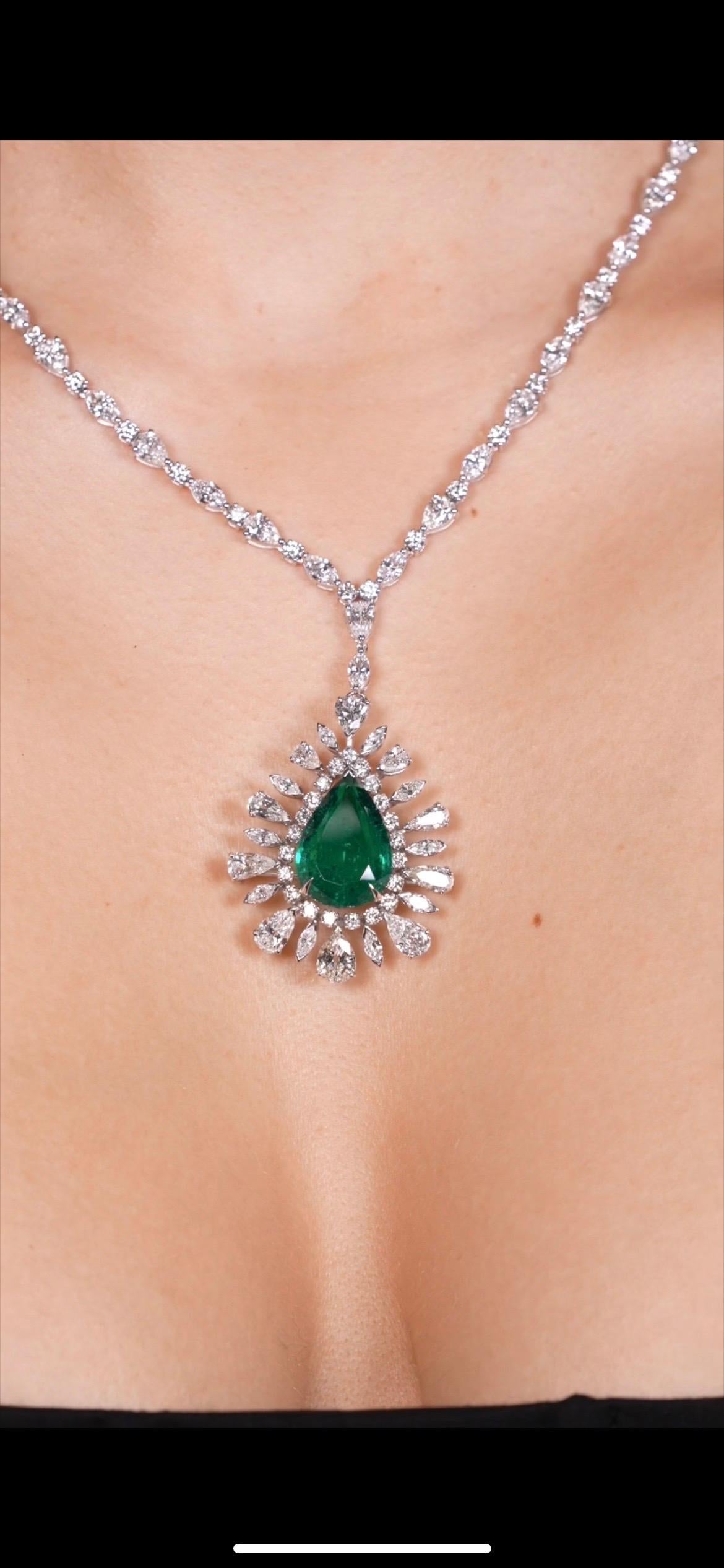 18k White Gold
Columbian Green Emerald is No Oil (F1) 9.34ct GIA Certified
21.39ct Total Diamond Weight 
Designed, Handpicked, & Manufactured From Scratch In Los Angeles Using Only The Finest Materials and Workmanship