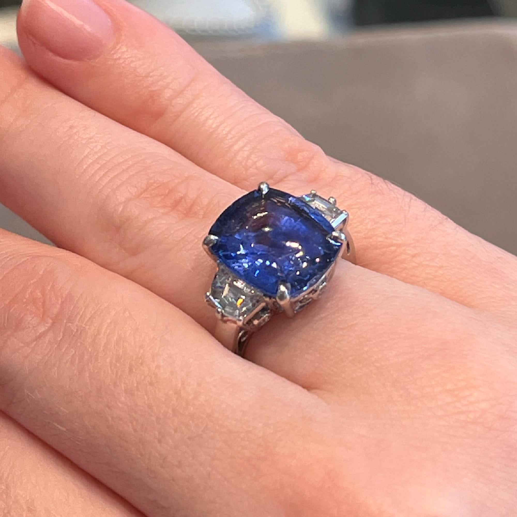 Cushion Cut GIA Certified 9.35 Carat Ceylon Sapphire & Diamond 3 Stone Ring For Sale