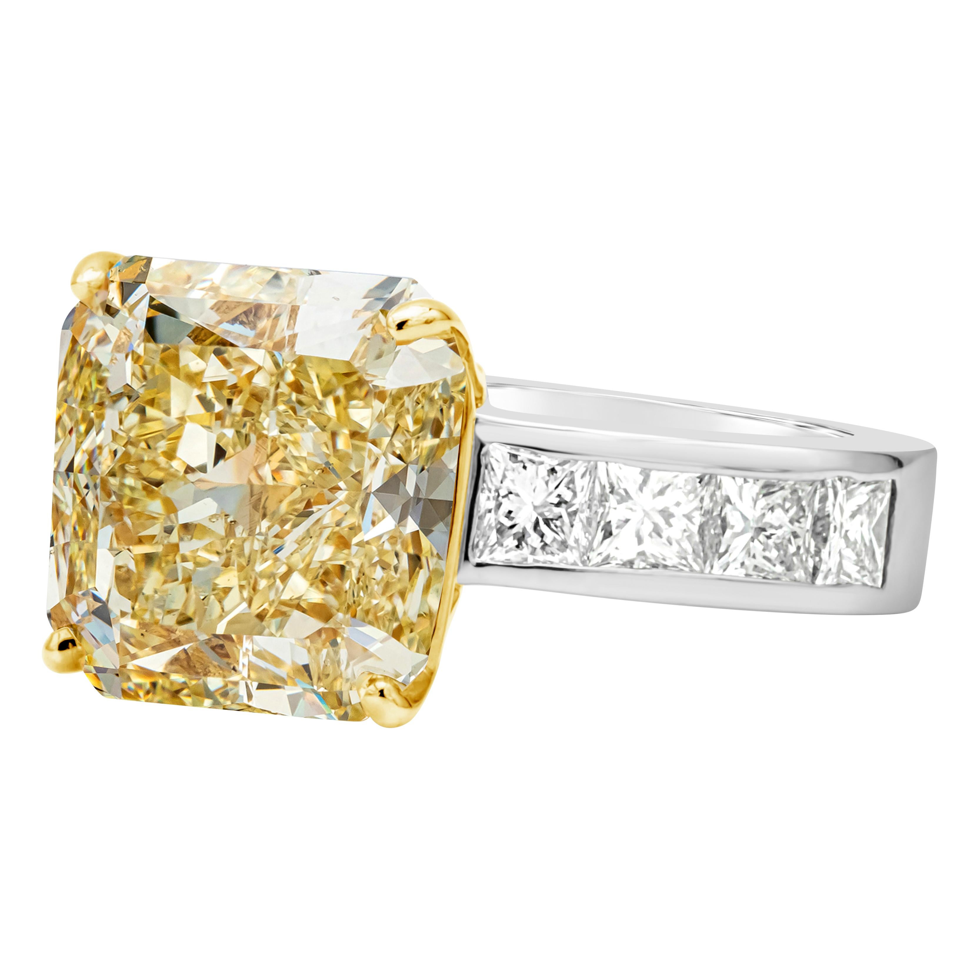 Contemporary GIA Certified 9.36 Carats Radiant Cut Fancy Yellow Diamond Ring For Sale