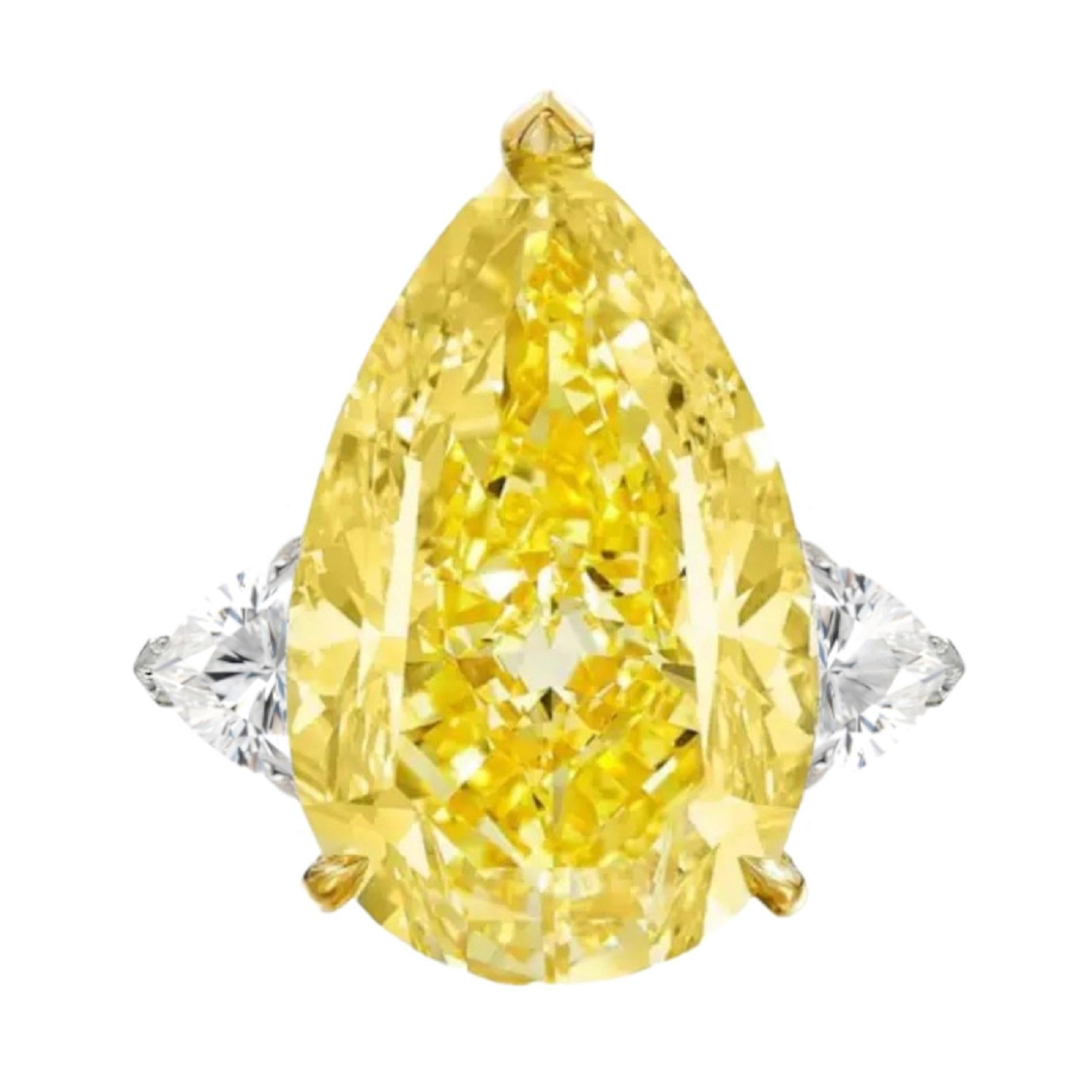Modern GIA Certified 9.37 Carat Fancy Yellow Pear Cut 18k Yellow Gold Platinum Ring For Sale