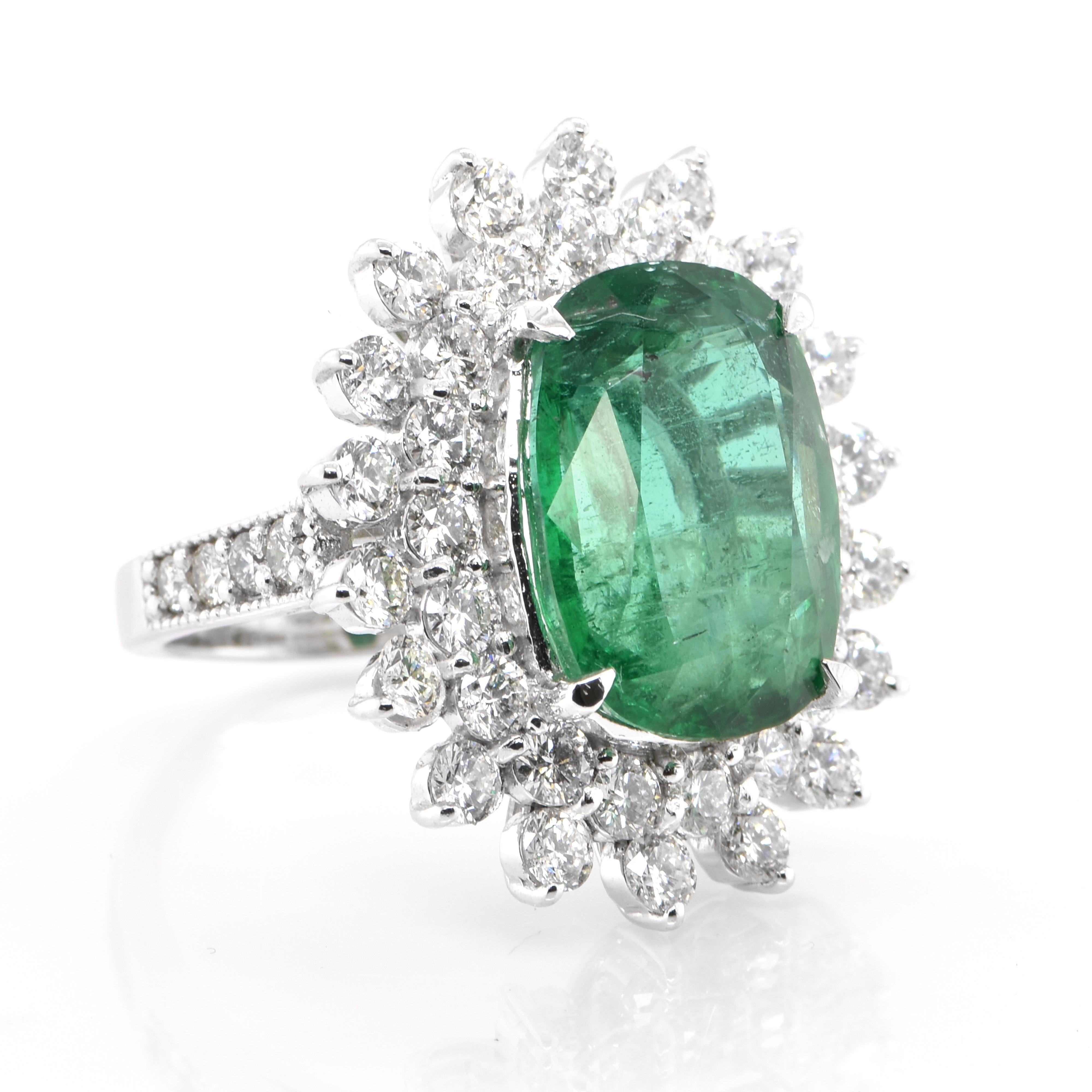 Modern GIA Certified 9.37 Carat Natural Zambian Emerald and Diamond Double Halo Ring For Sale
