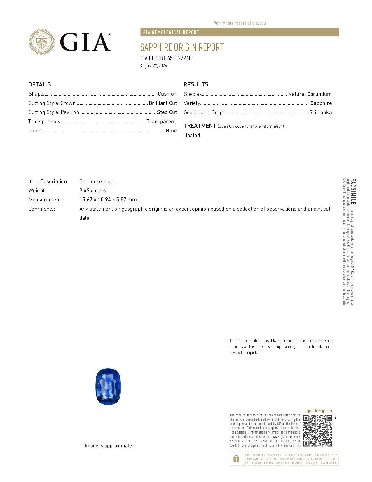 GIA Certified 9.49 Ct Sri Lanka Heated Cushion Cut Blue Sapphire Ring in 18K W/G For Sale 1