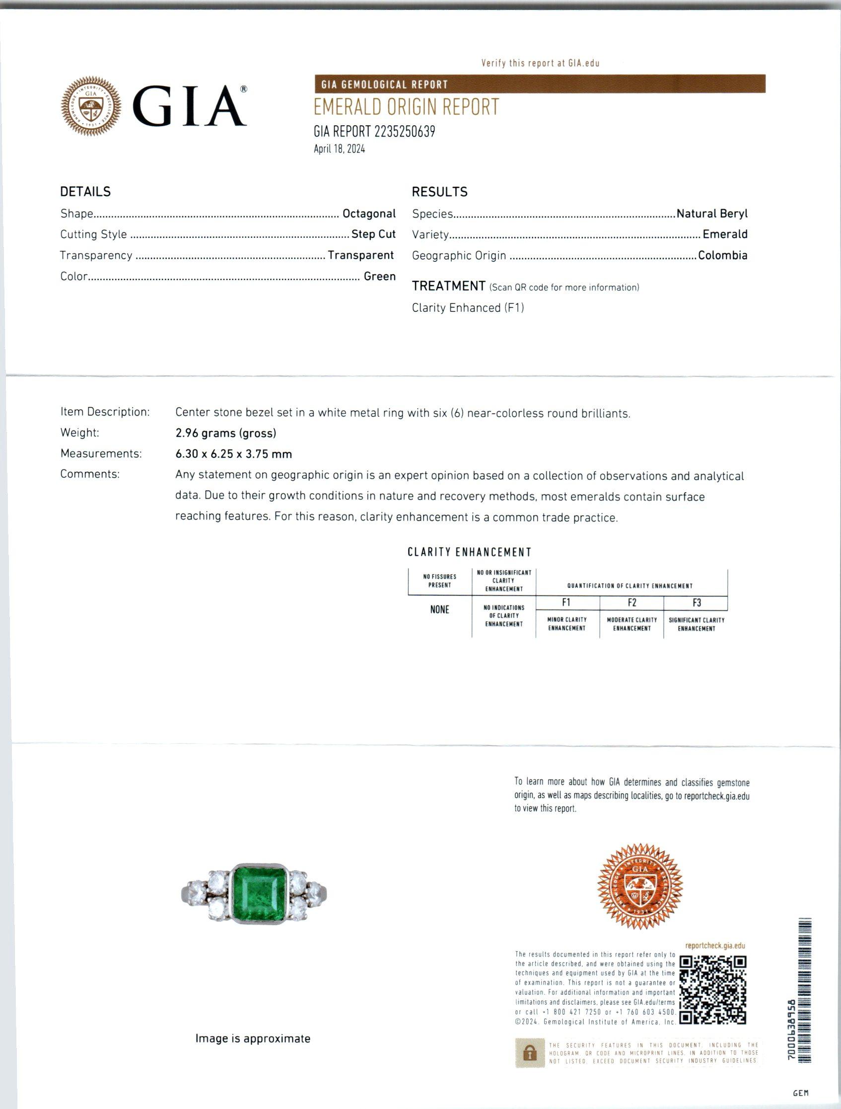 GIA Certified .95 Carat Emerald Diamond White Gold Engagement Ring In Good Condition For Sale In Stamford, CT