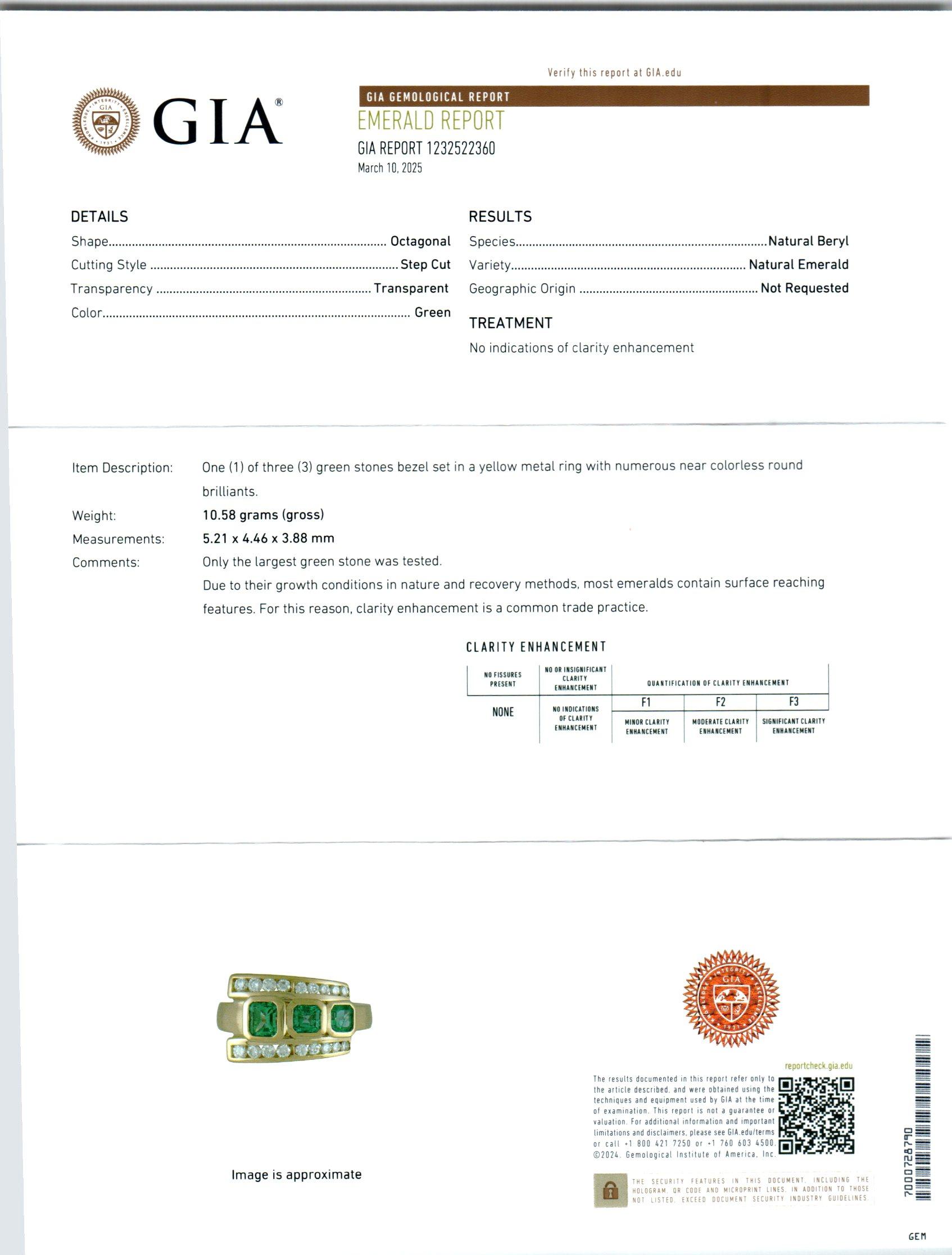 GIA Certified .95 Carat Octagonal Emerald Diamond Yellow Gold Ring In Excellent Condition For Sale In Stamford, CT