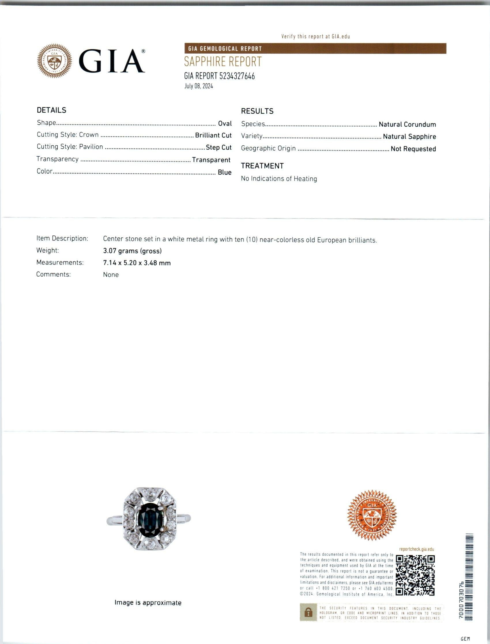 GIA Certified .95 Carat Oval Sapphire Diamond Halo Art Deco Platinum Ring In Good Condition For Sale In Stamford, CT
