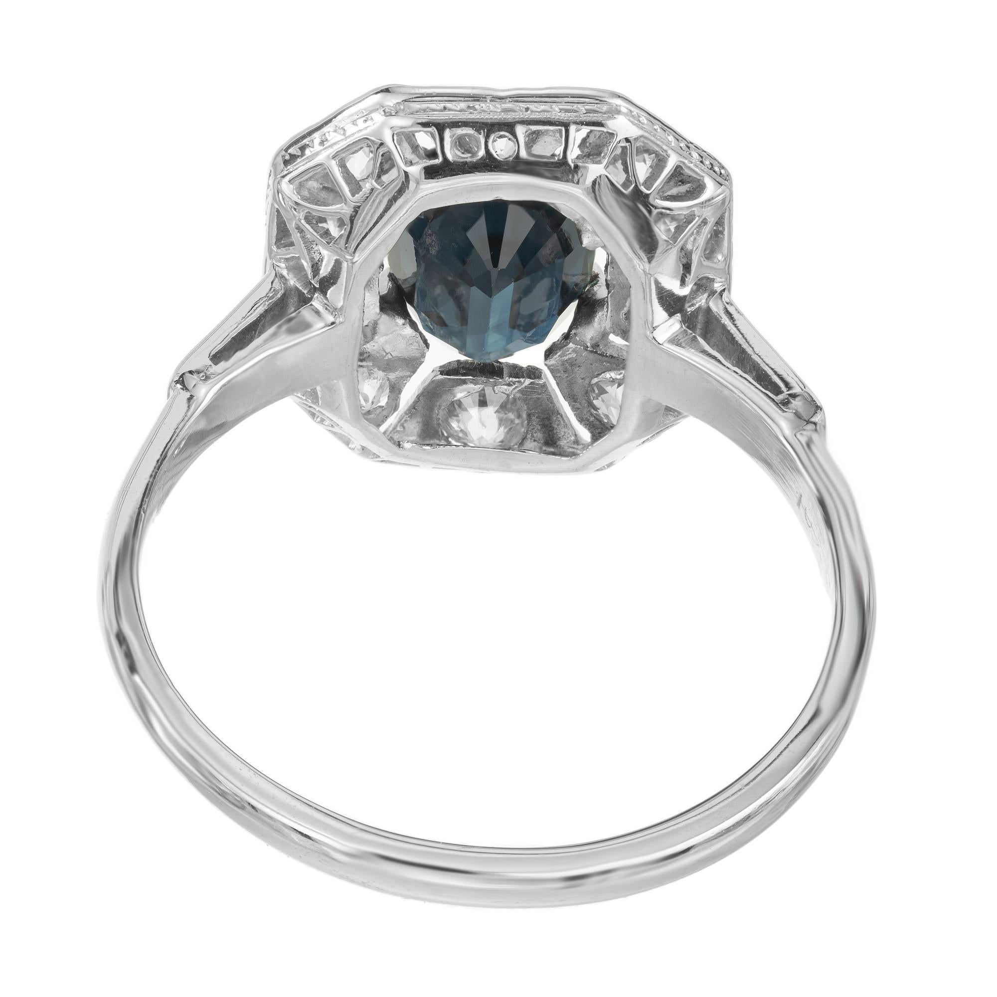 Women's GIA Certified .95 Carat Oval Sapphire Diamond Halo Art Deco Platinum Ring For Sale