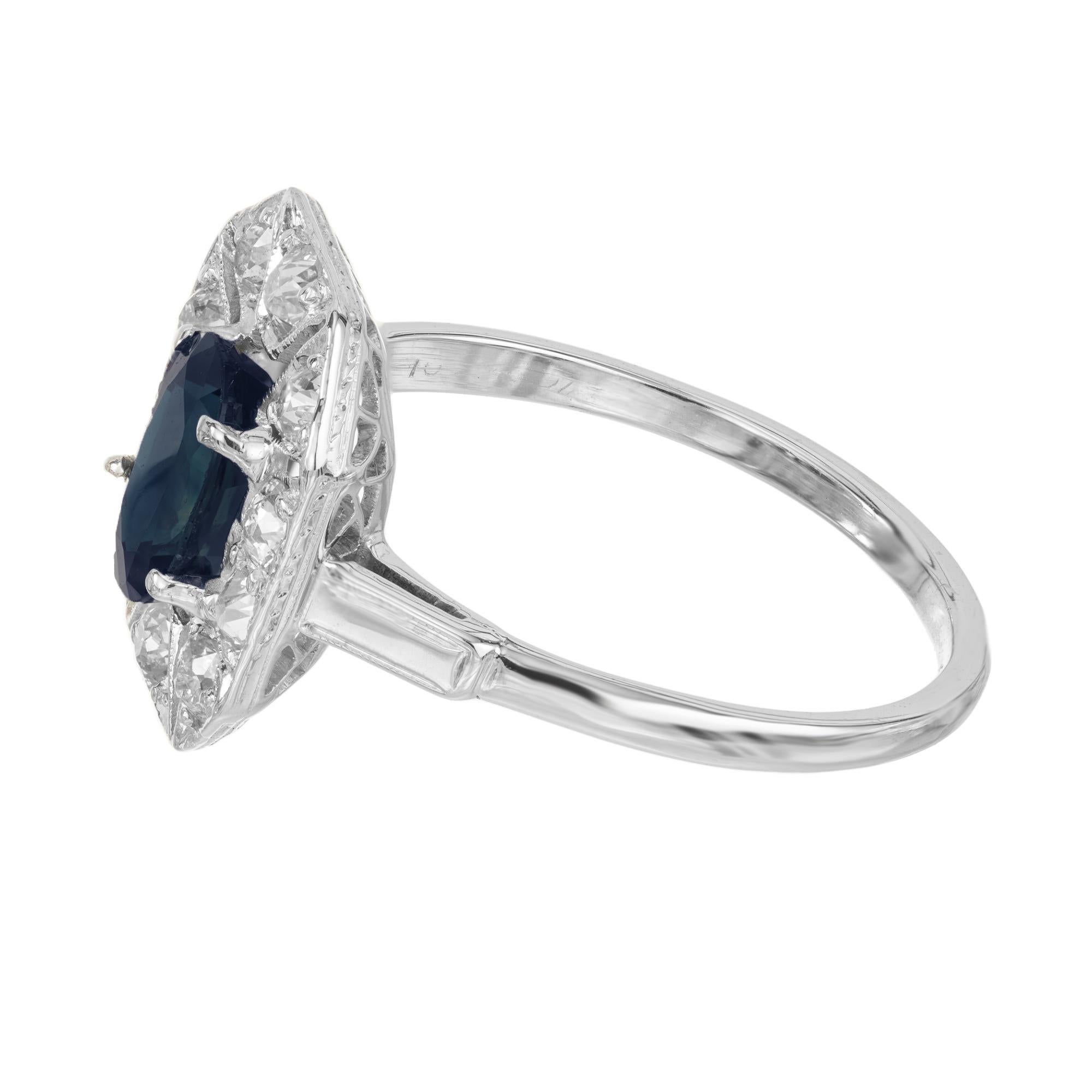 GIA Certified .95 Carat Oval Sapphire Diamond Halo Art Deco Platinum Ring For Sale 1