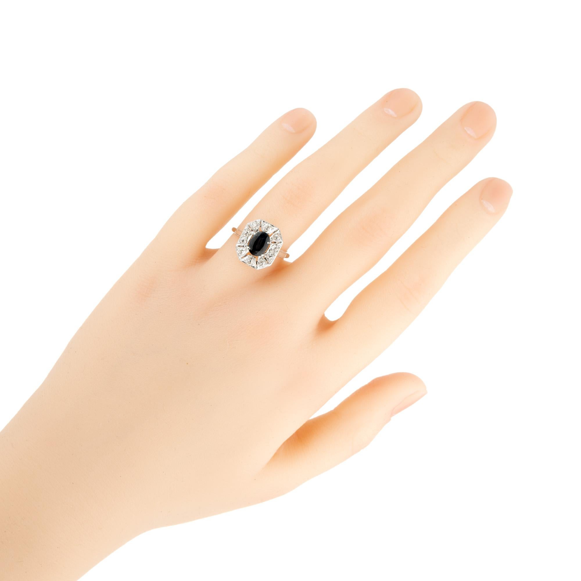GIA Certified .95 Carat Oval Sapphire Diamond Halo Art Deco Platinum Ring For Sale 3
