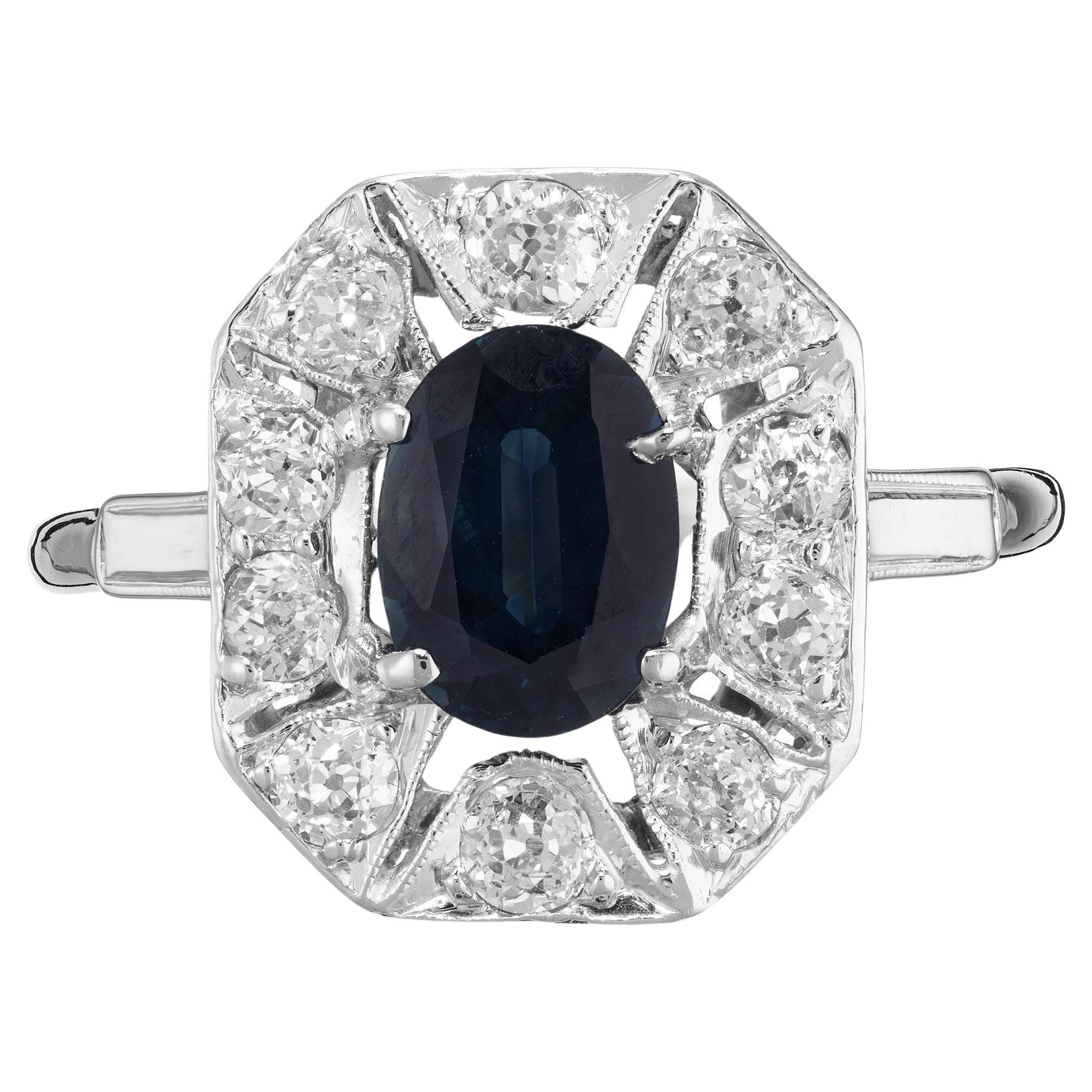 GIA Certified .95 Carat Oval Sapphire Diamond Halo Art Deco Platinum Ring
