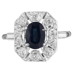 GIA Certified .95 Carat Oval Sapphire Diamond Halo Art Deco Platinum Ring