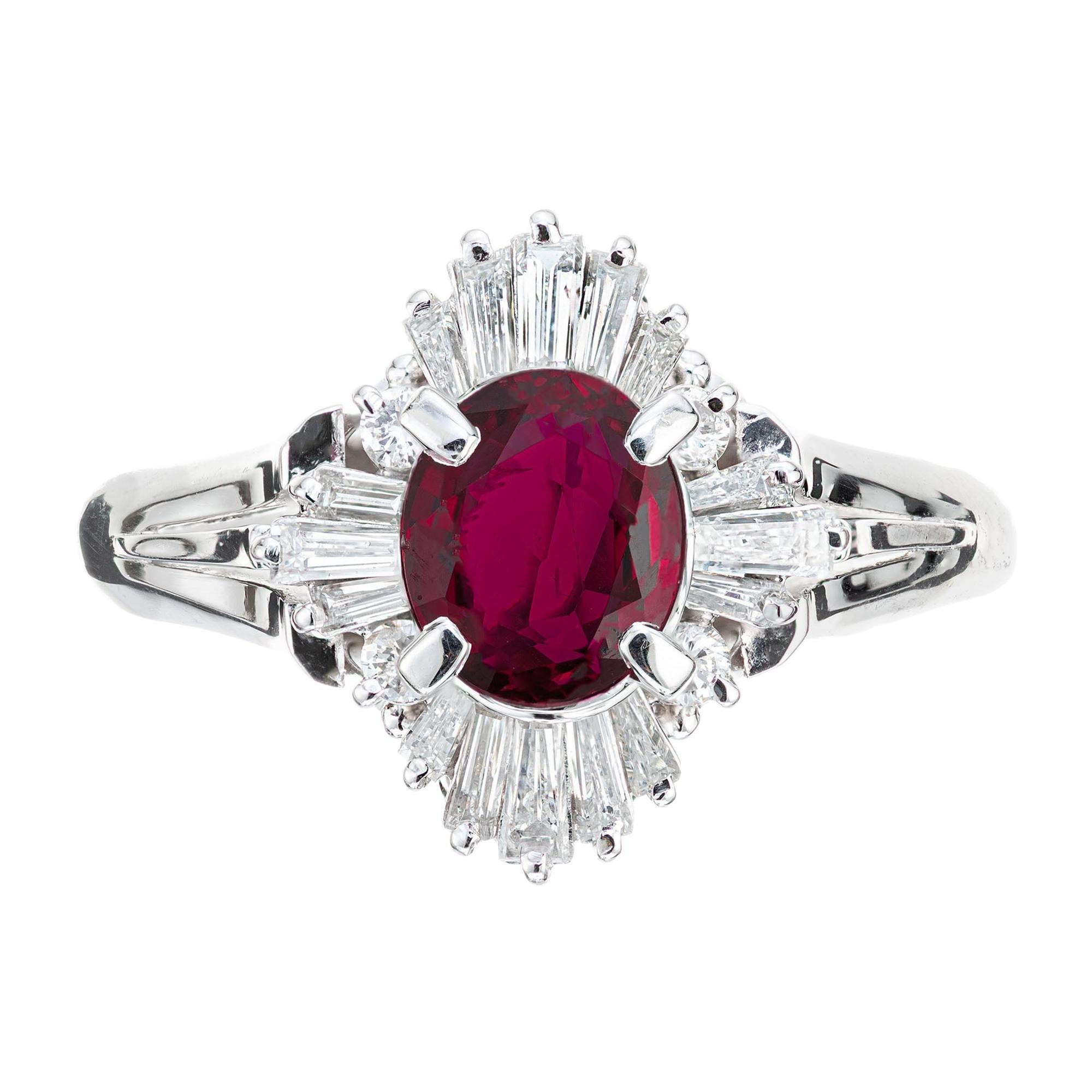 GIA Certified .95 Carat Ruby Diamond Halo Platinum Engagement Ring
