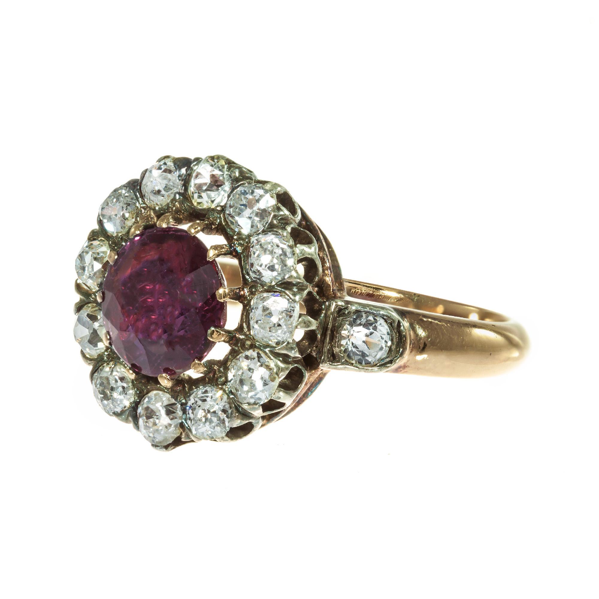 Round Cut GIA Certified .95 Carat Ruby Diamond Halo Rose Gold Victorian Engagement Ring
