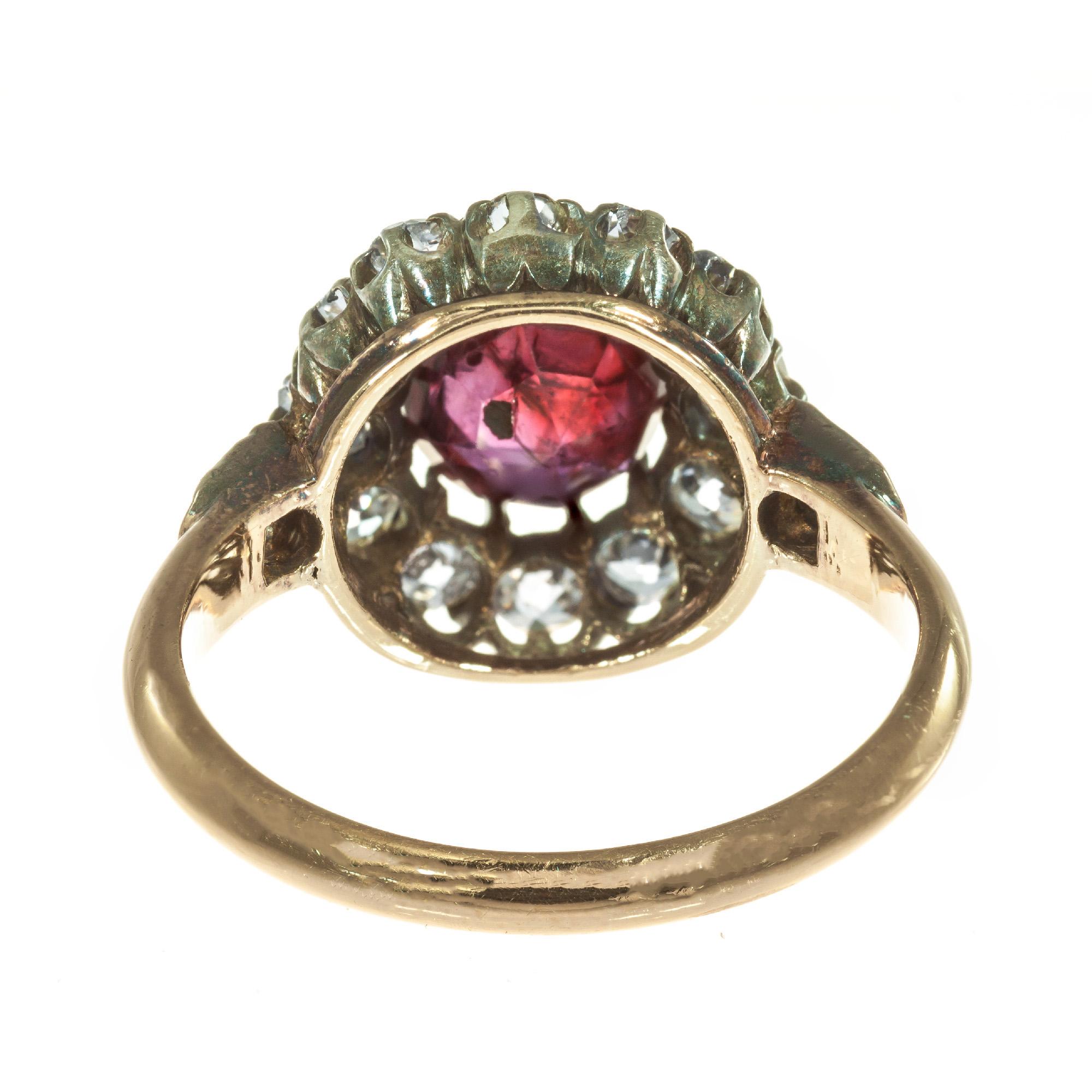 GIA Certified .95 Carat Ruby Diamond Halo Rose Gold Victorian Engagement Ring In Good Condition In Stamford, CT