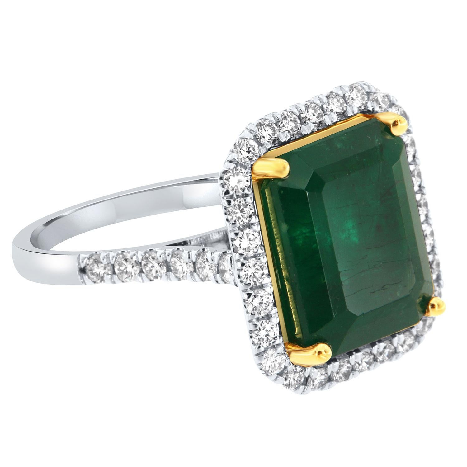 Emerald Cut GIA Certified 9.57 Carat Green Emerald Halo 14k Two Tone Gold Diamond Ring For Sale