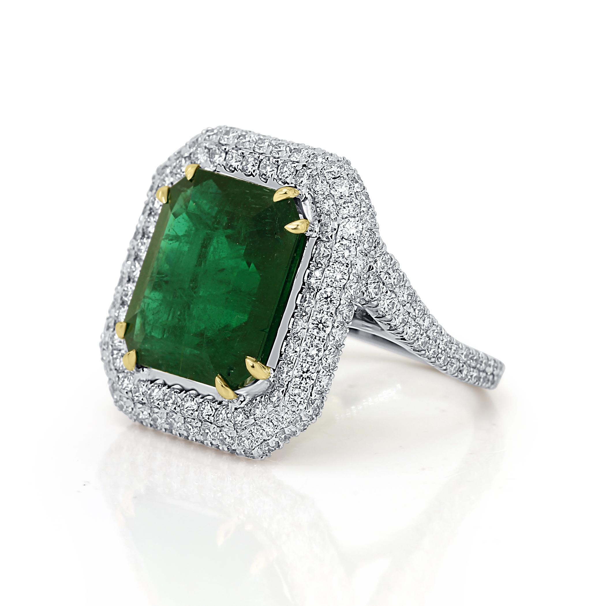 Modern GIA Certified 9.57 Minor Emerald Diamond Triple Halo Gold Cocktail Fashion Ring