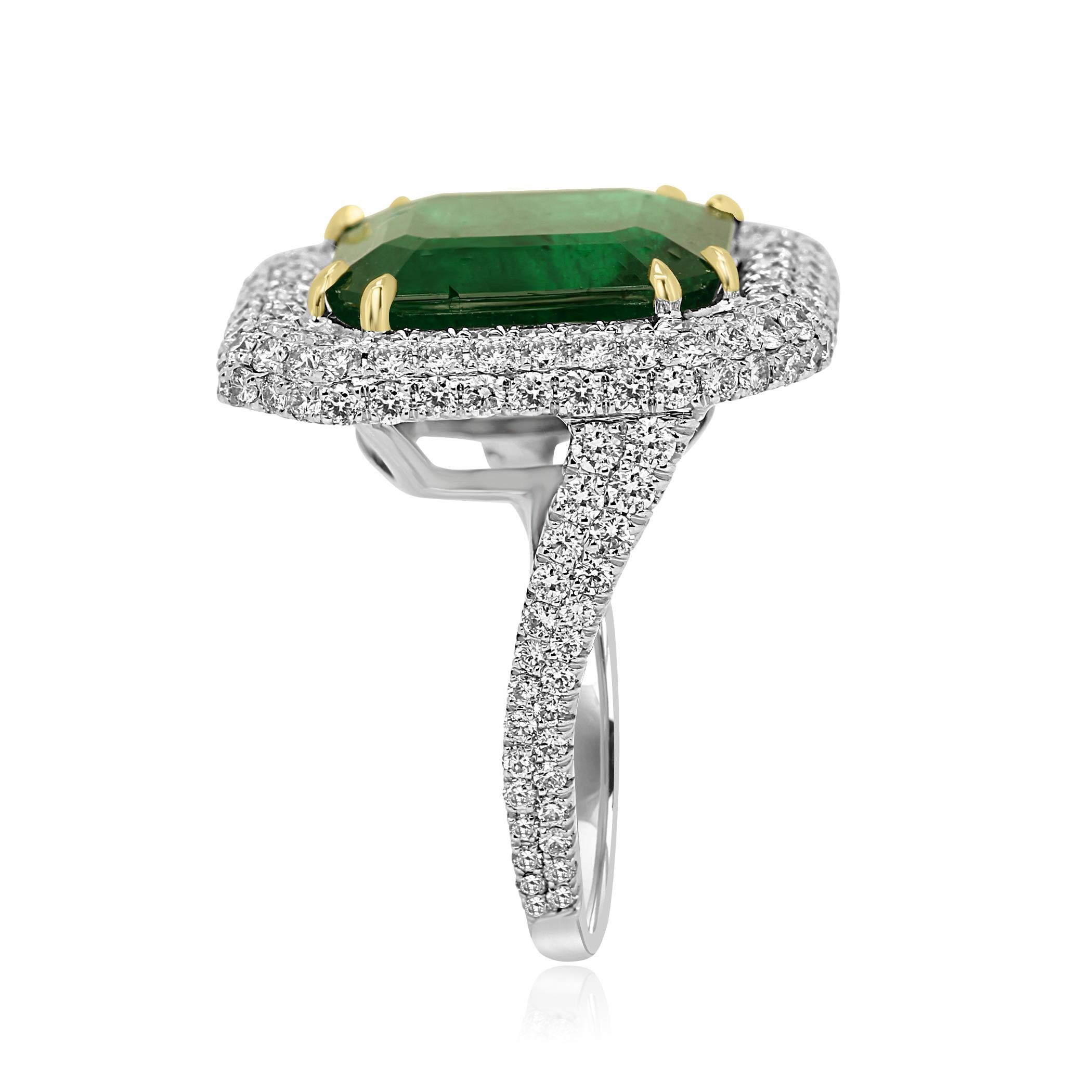 Emerald Cut GIA Certified 9.57 Minor Emerald Diamond Triple Halo Gold Cocktail Fashion Ring