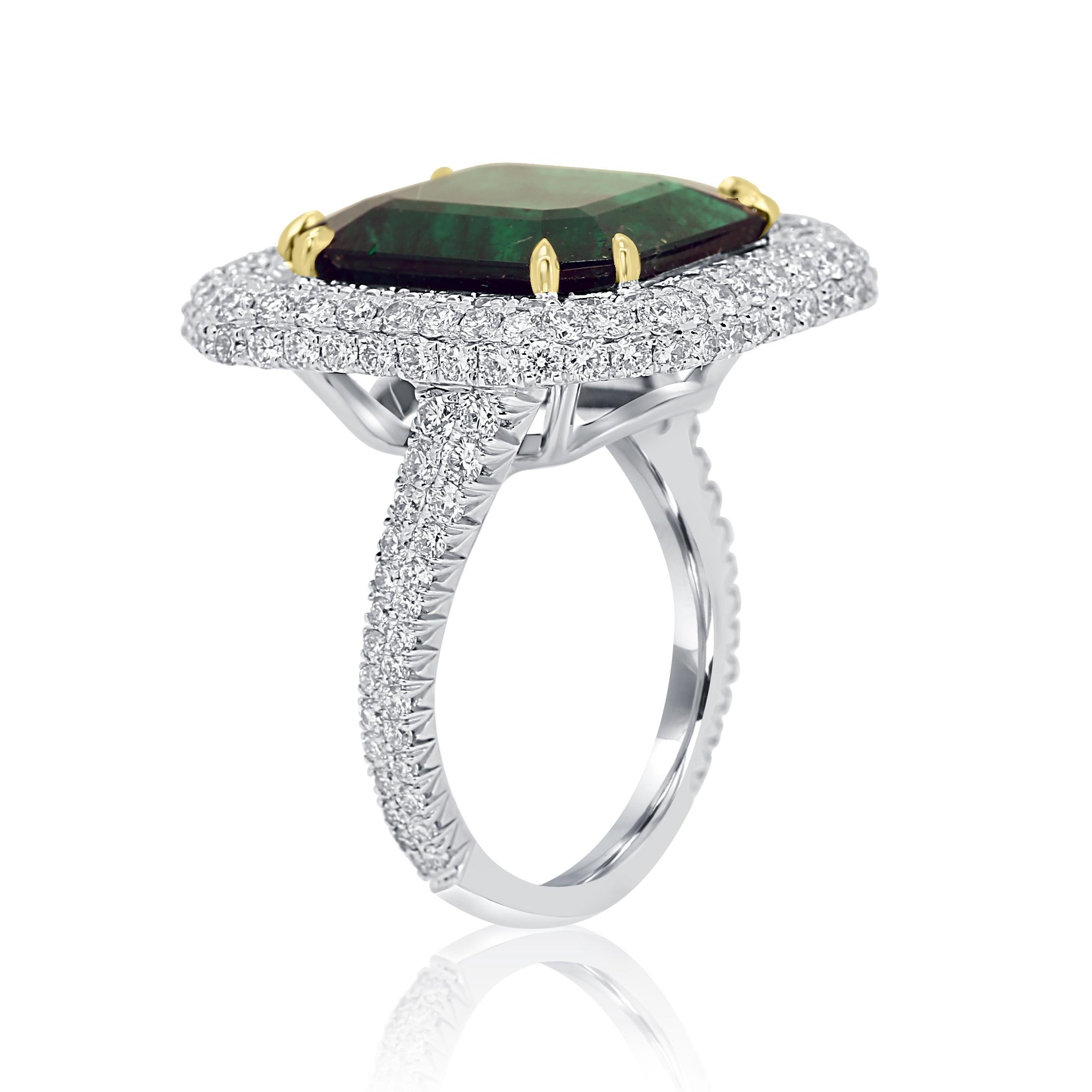 GIA Certified 9.57 Minor Emerald Diamond Triple Halo Gold Cocktail Fashion Ring In New Condition In NEW YORK, NY