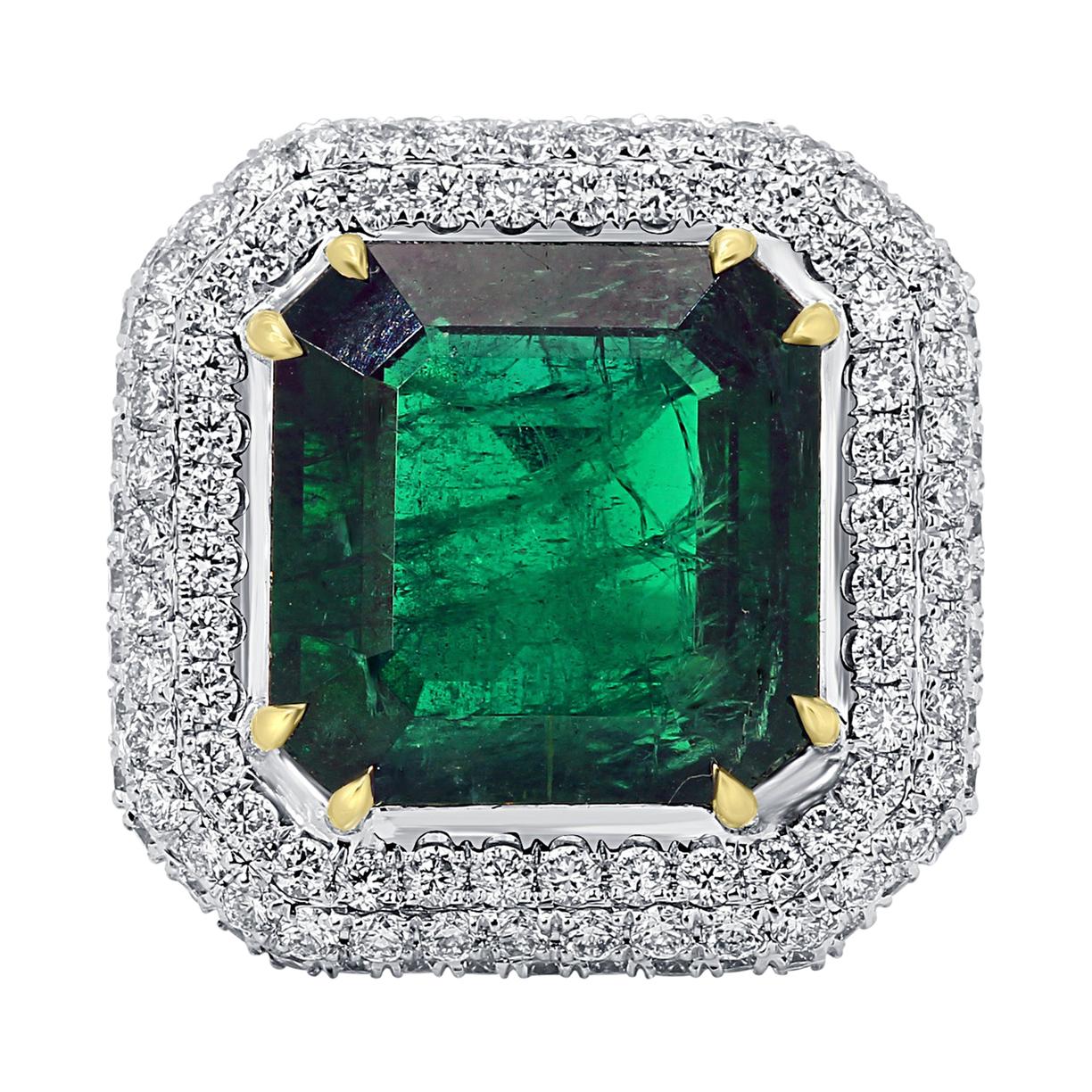 GIA Certified 9.57 Minor Emerald Diamond Triple Halo Gold Cocktail Fashion Ring