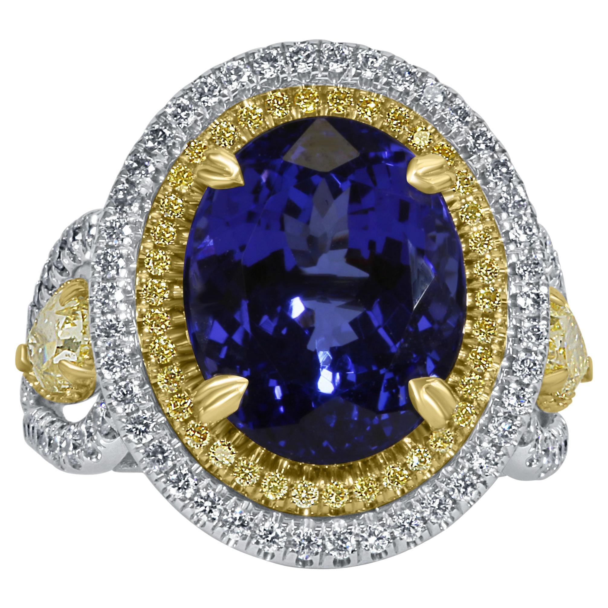 GIA Certified 9.59 Ctw Oval Tanzanite Diamond Ring Halo 14K White Gold For Sale