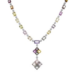 GIA Certified 95.98 Carat Fancy Sapphire and White Diamond White Gold Necklace