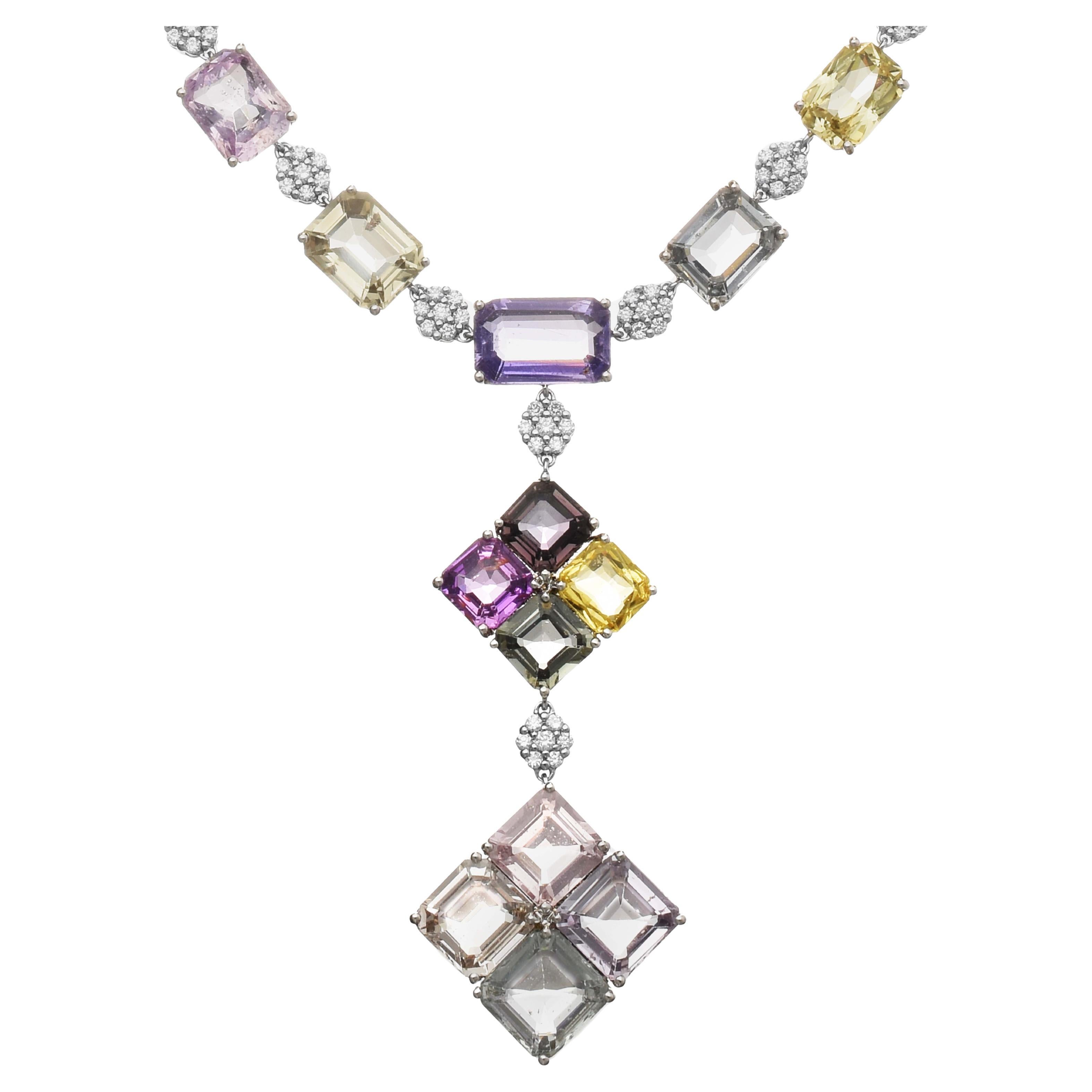 GIA Certified 95.98 Carat Fancy Sapphire and White Diamond White Gold Necklace