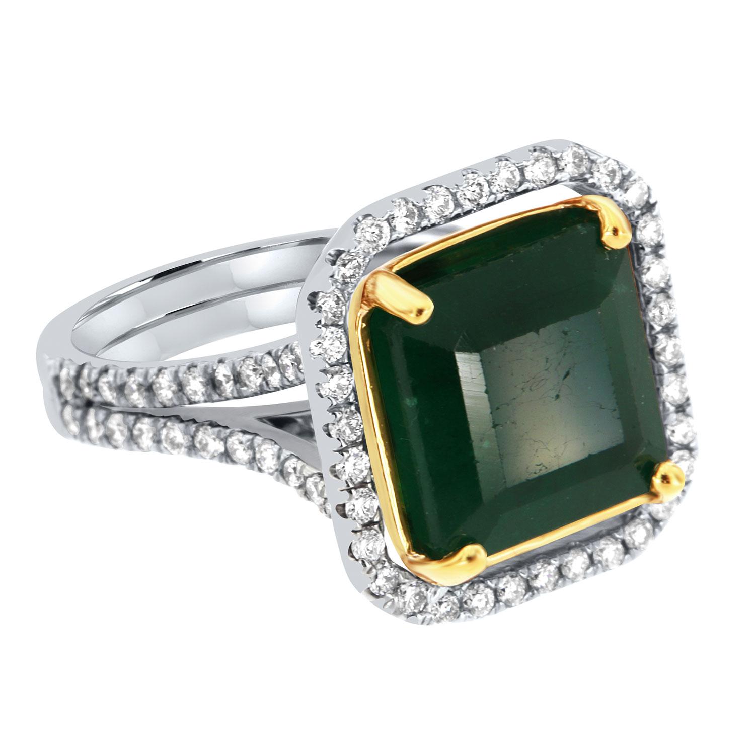 Asscher Cut GIA Certified 9.61 Carat Green Emerald 18K White & Yellow Halo Diamond Ring For Sale