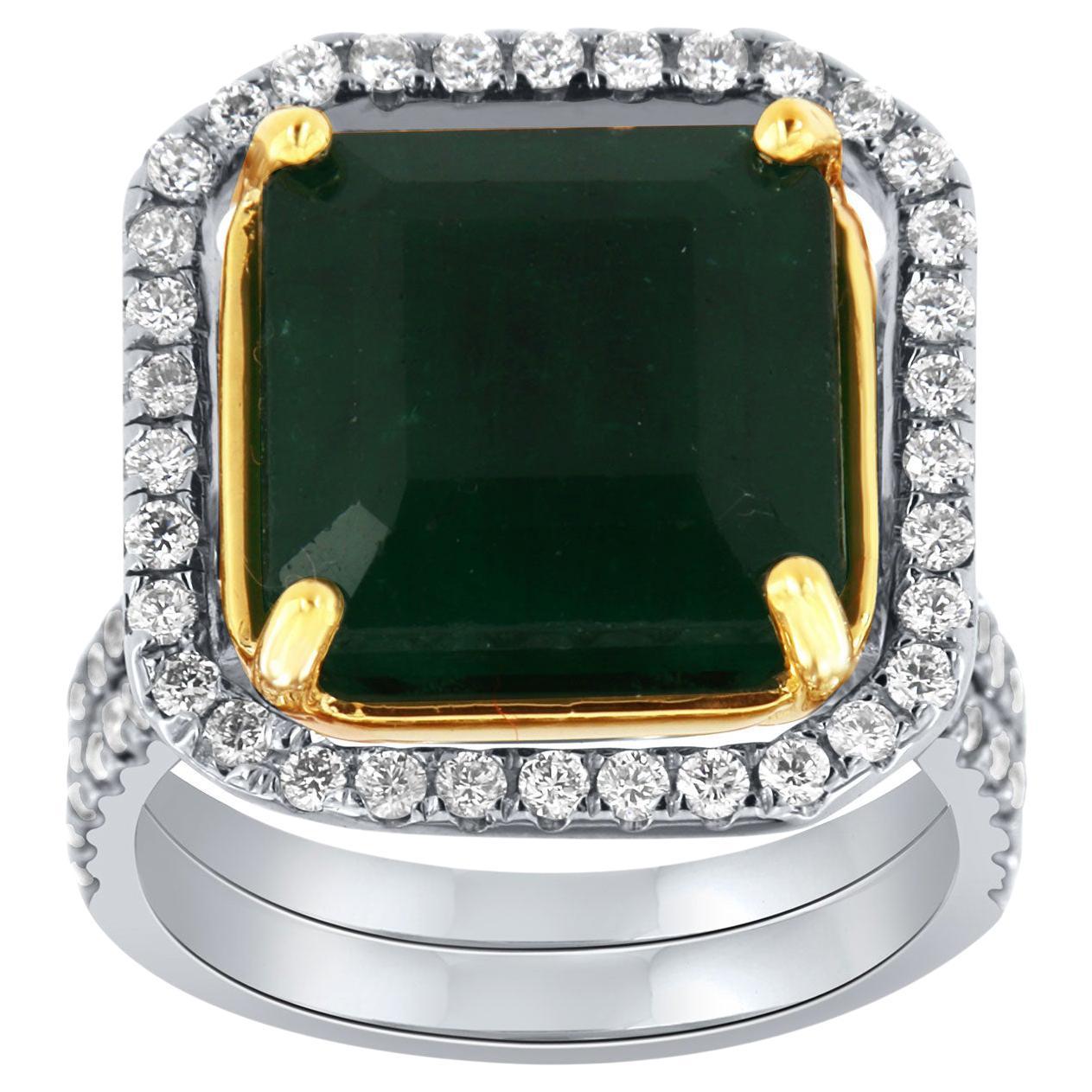 GIA Certified 9.61 Carat Green Emerald 18K White & Yellow Halo Diamond Ring For Sale