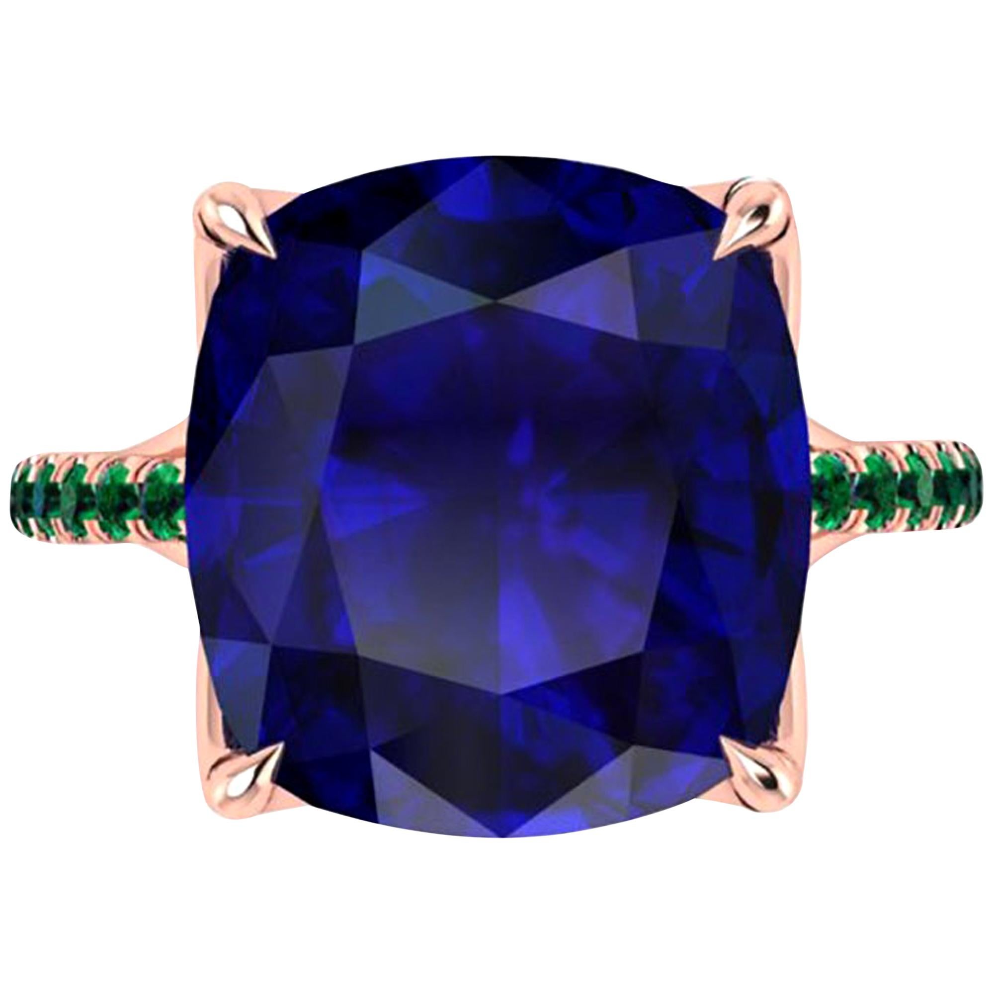 GIA Certified 9.61 Carat Tanzanite Cushion Cut Emeralds 18 Karat Rose Gold Ring