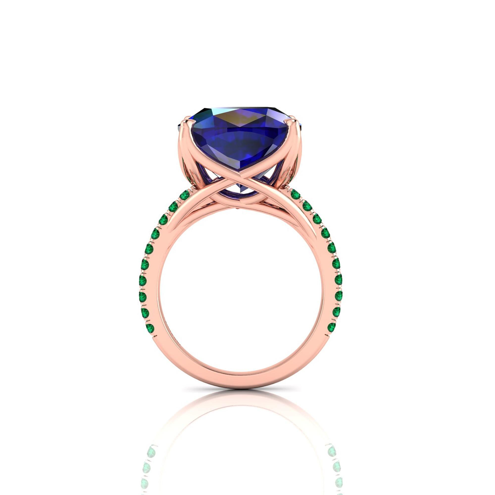 Modern GIA Certified 9.61 Carat Tanzanite Cushion Cut Emeralds 18 Karat Rose Gold Ring