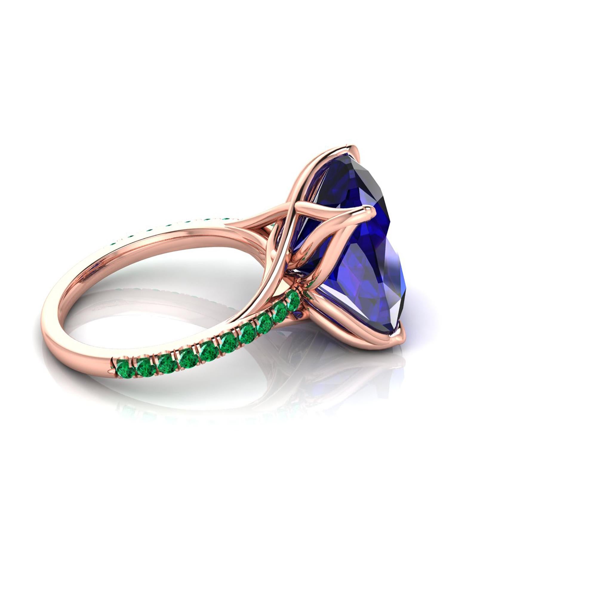 Women's GIA Certified 9.61 Carat Tanzanite Cushion Cut Emeralds 18 Karat Rose Gold Ring