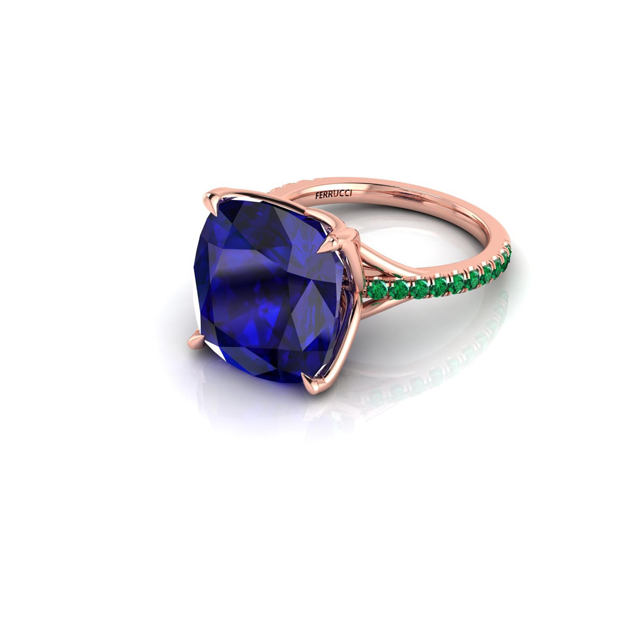GIA Certified 9.61 Carat Tanzanite Cushion Cut Emeralds 18 Karat Rose Gold Ring 1