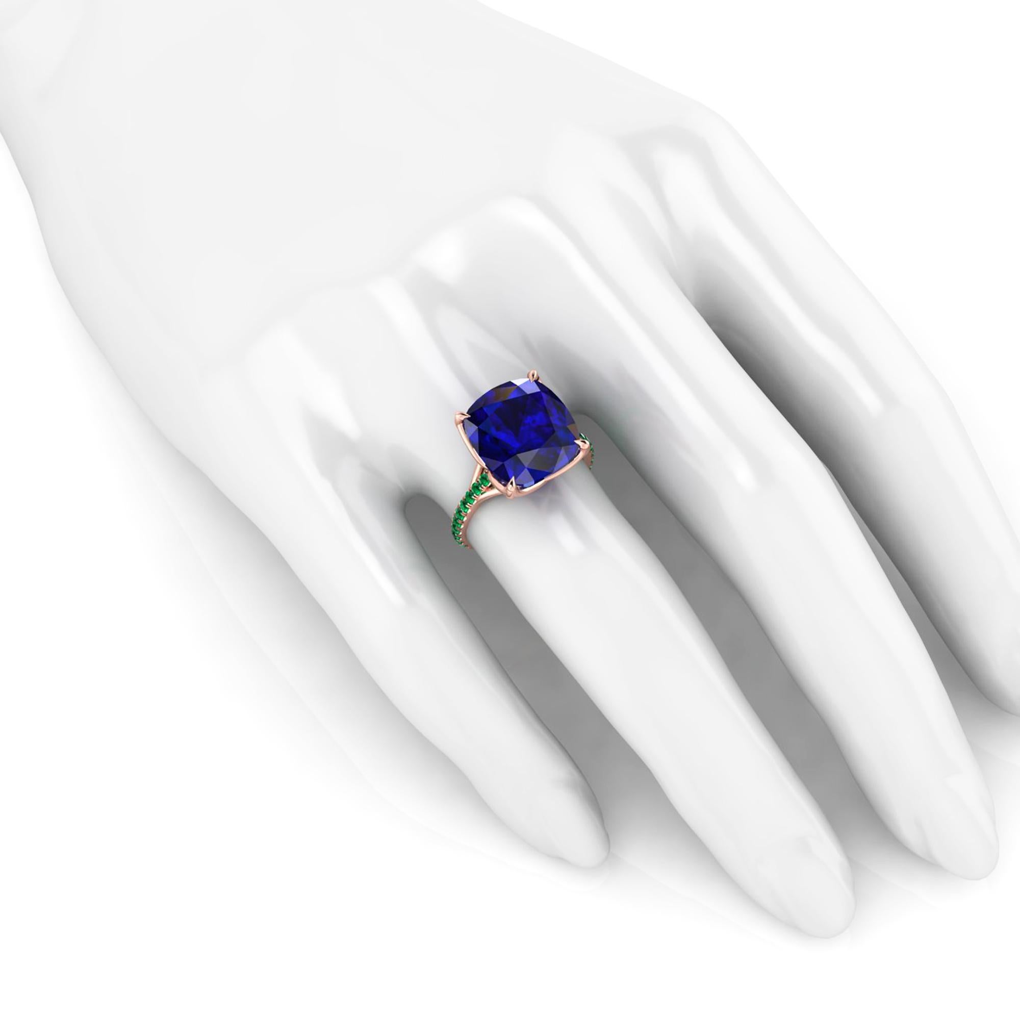 GIA Certified 9.61 Carat Tanzanite Cushion Cut Emeralds 18 Karat Rose Gold Ring 2