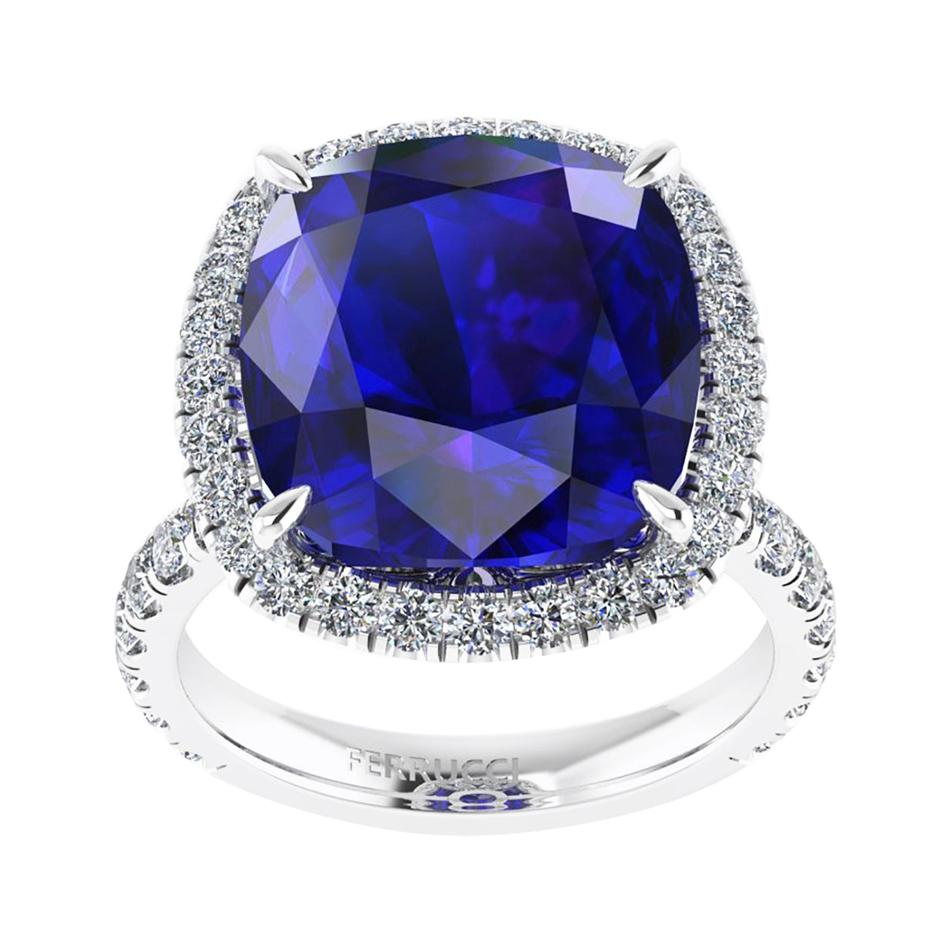 GIA Certified 9.23 Carat Tanzanite Cushion Diamond Halo 18 Karat Gold Ring